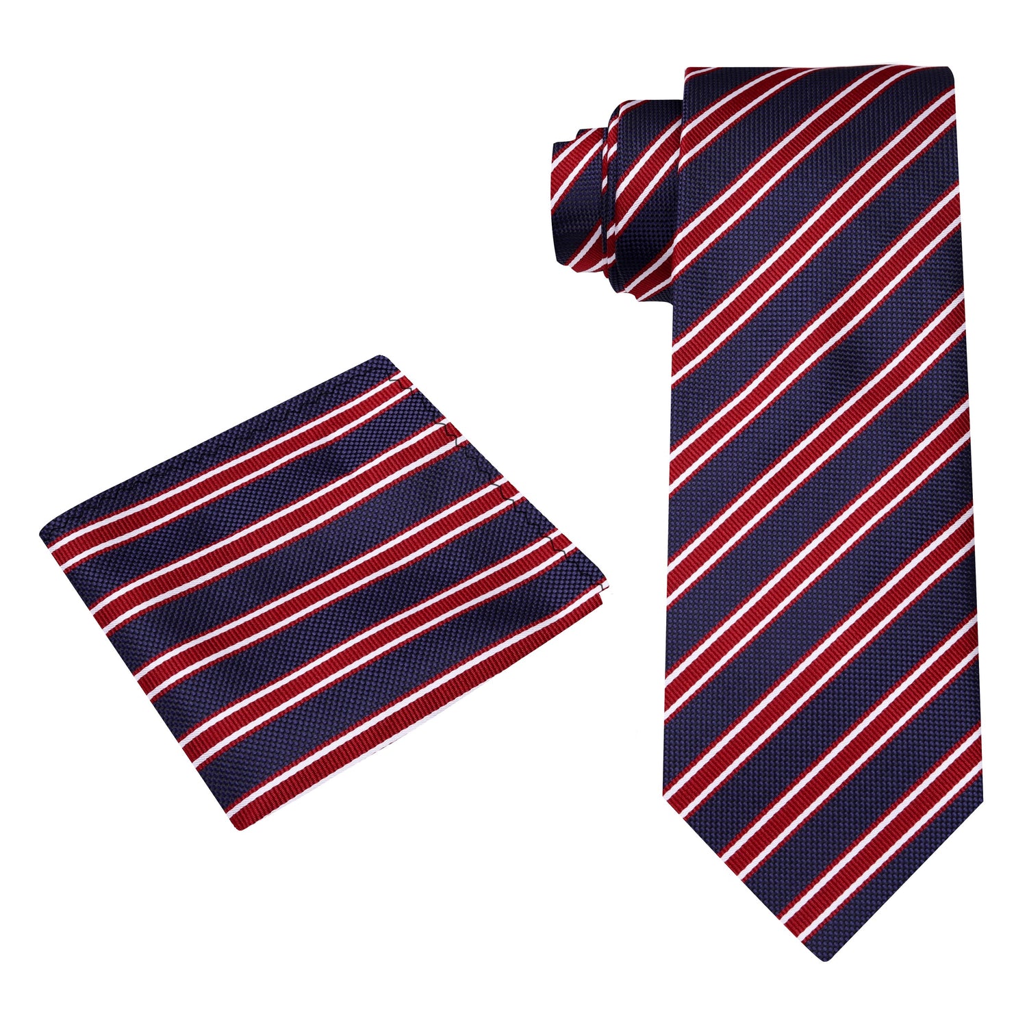 Alt View: A Dark Blue, Red Stripe Pattern Silk Necktie, Pocket Square
