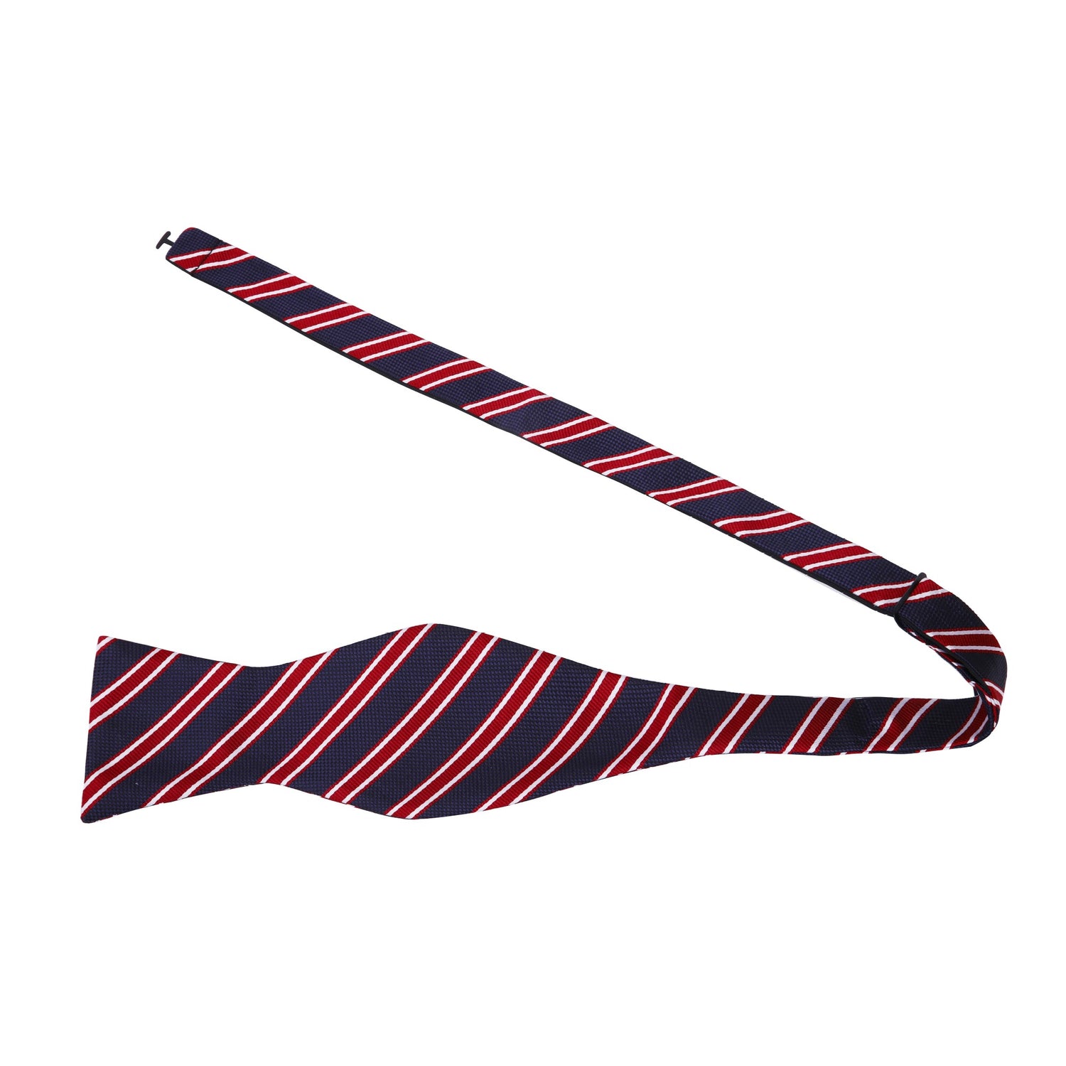 Untied View: A Dark Blue, Red, White Stripe Pattern Silk Self Tie Bow Tie