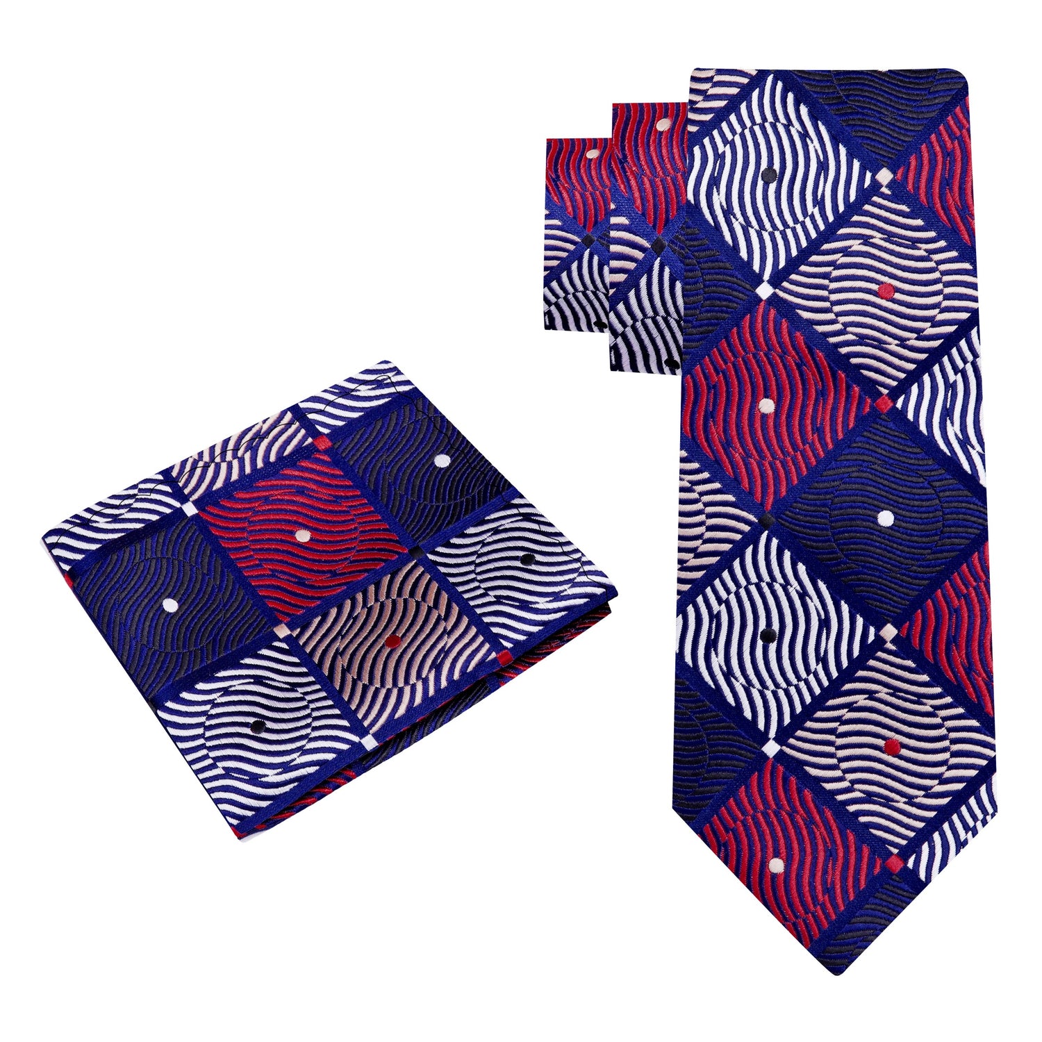 Alt View: A Red, Brown, Blue, Black Geometric With Small Dots Pattern Silk Necktie, Matching Pocket Square