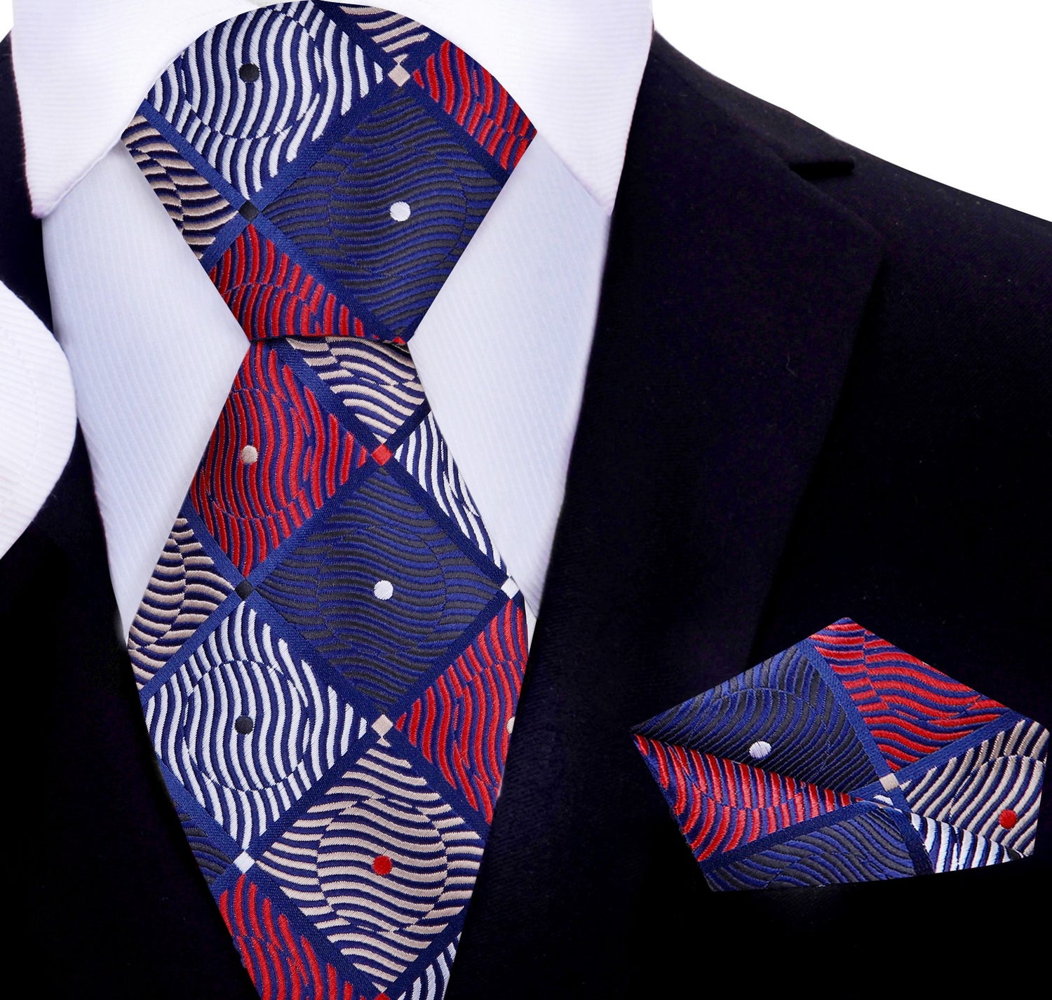 A Red, Brown, Blue, Black Geometric With Small Dots Pattern Silk Necktie, Matching Pocket Square