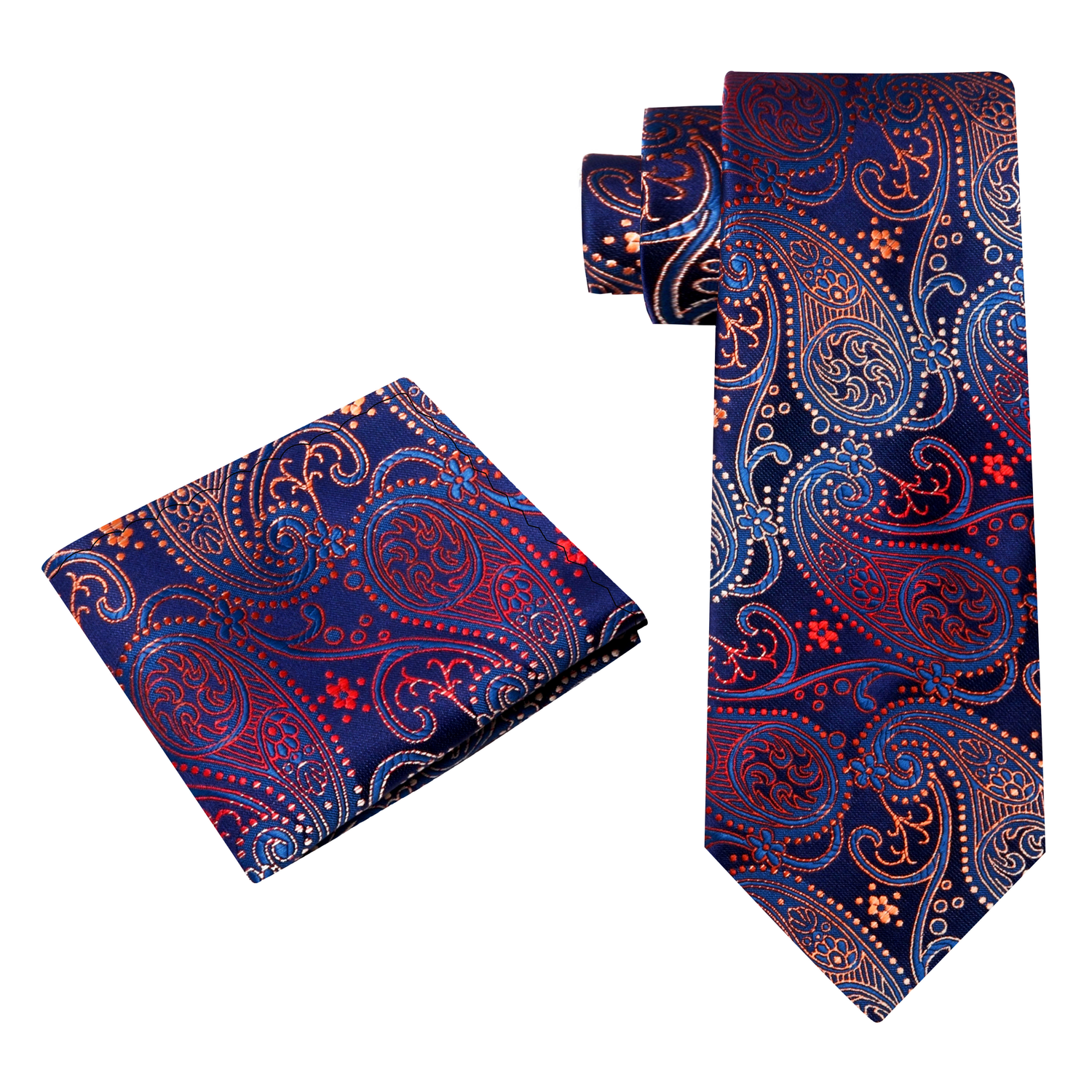 Alt View: Blue Red and Orange Paisley Tie and Pocket Square