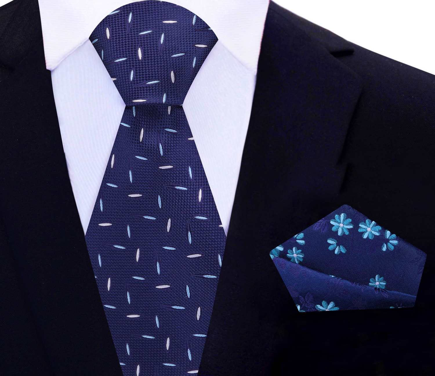 Blue, Light Blue Abstract Tie with Accenting Floral Square