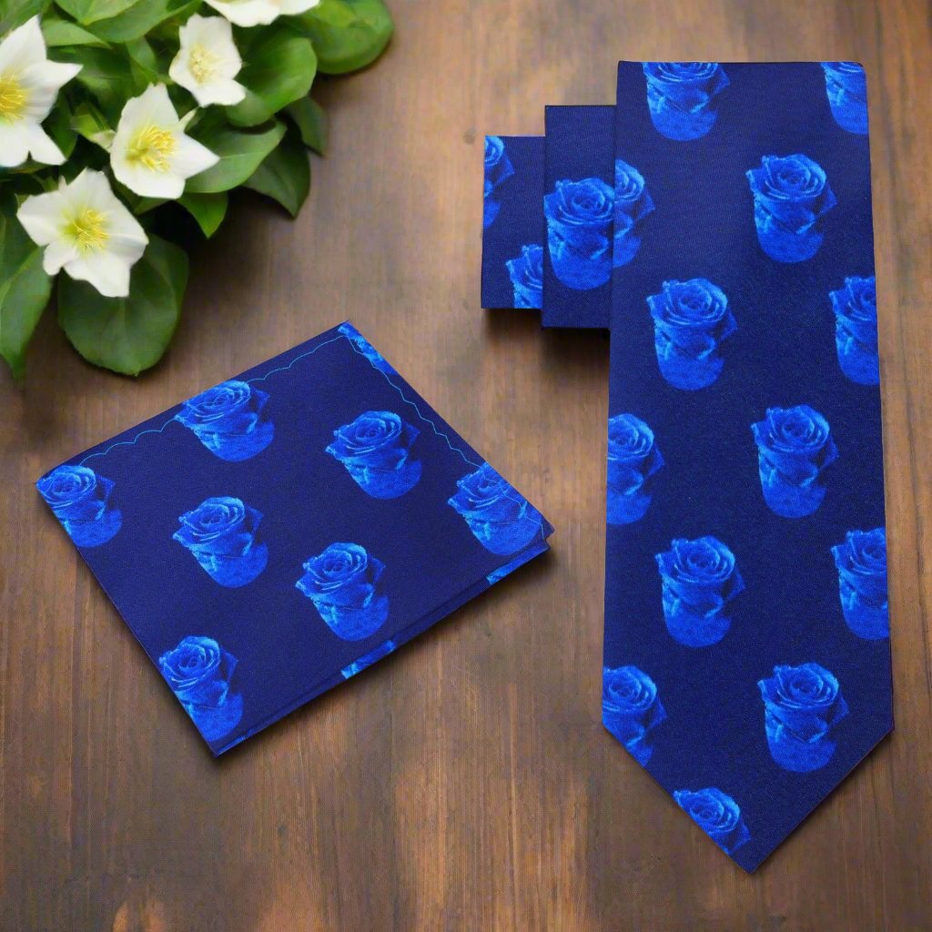 View 2: Shades of Blue Roses Tie and Pocket Square