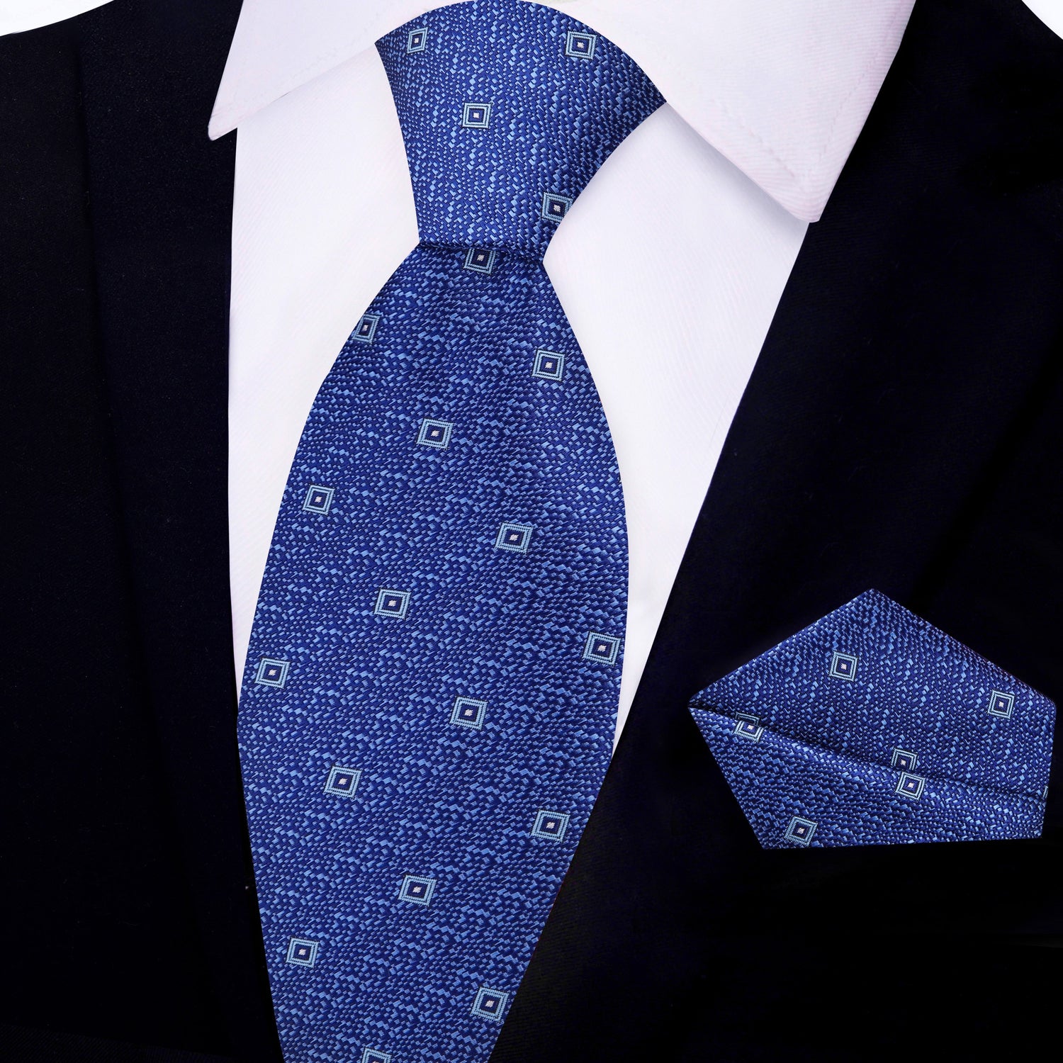 View 2: Blue, Light Blue Small Medallion Geometric Tie and Pocket Square