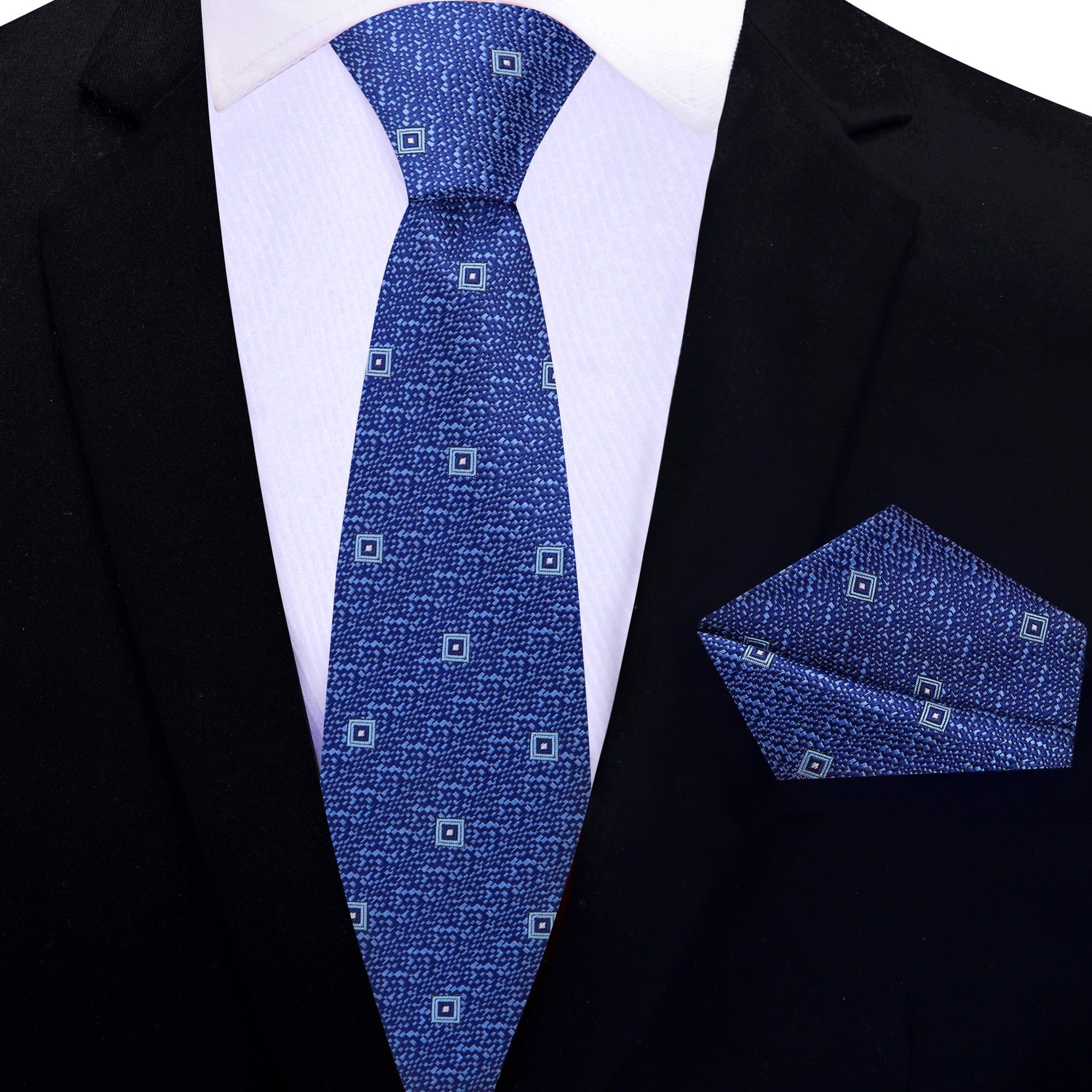 Thin Tie: Blue, Light Blue Small Medallion Geometric Tie and Pocket Square