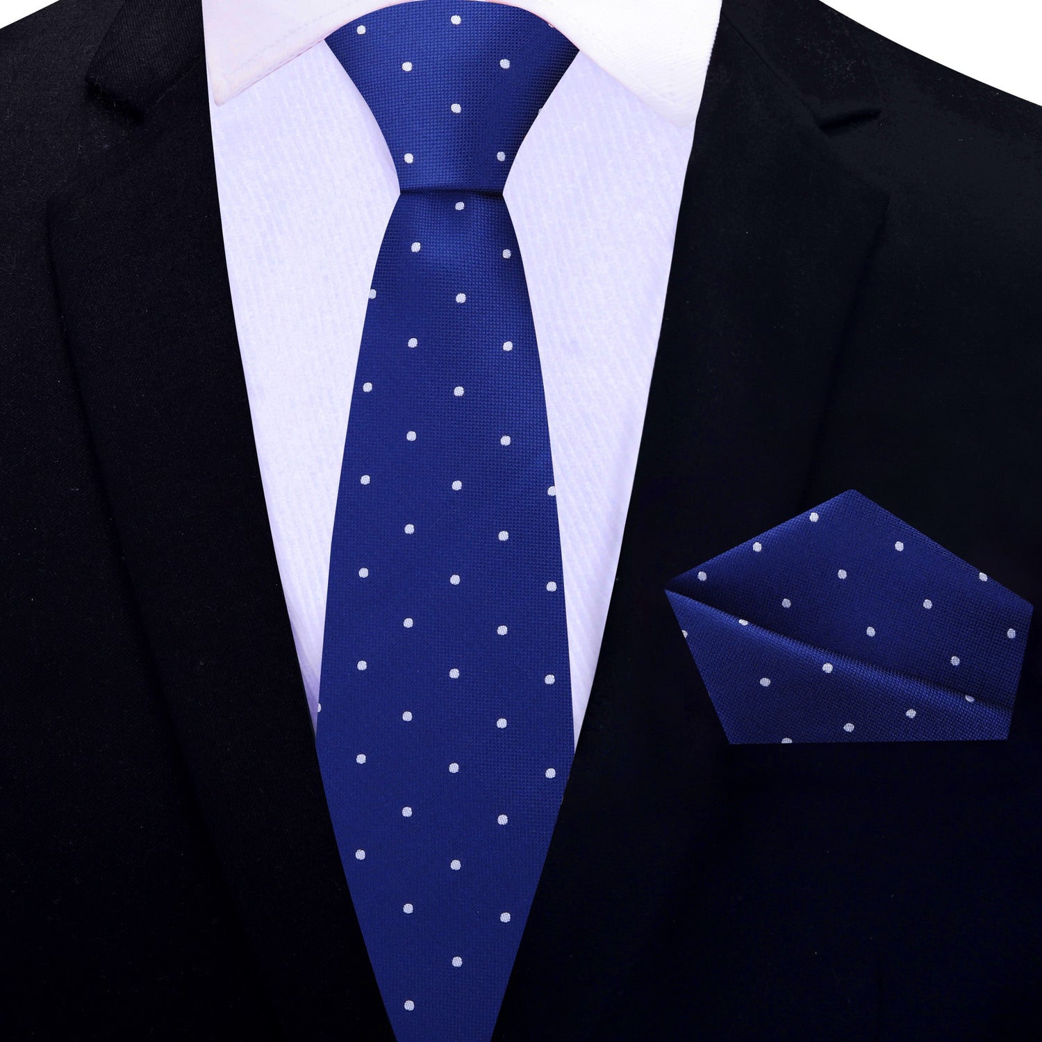 Thin Tie: Blue, White Small Polka Dot Tie and Pocket Square