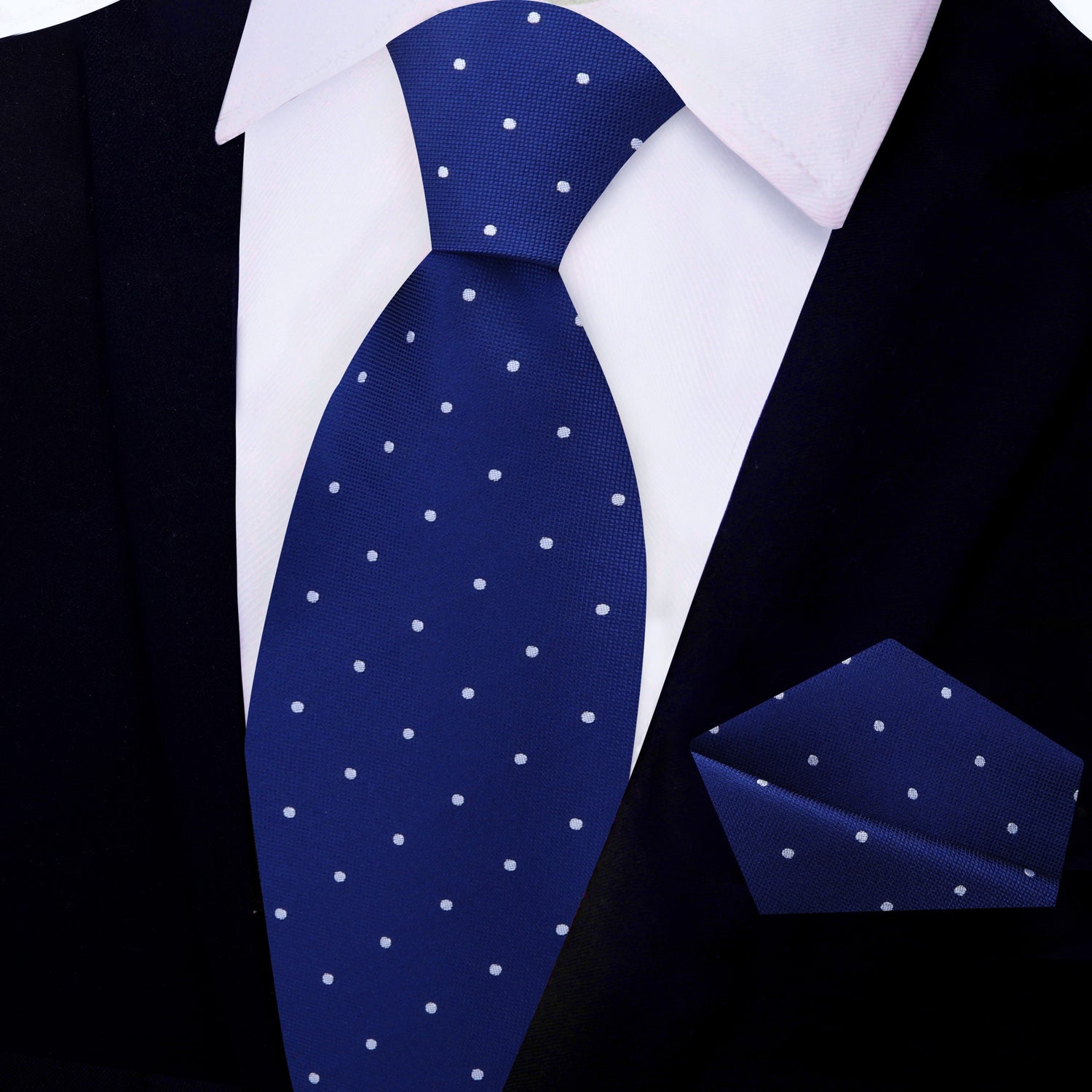 View 2: Blue, White Small Polka Dot Tie and Pocket Square