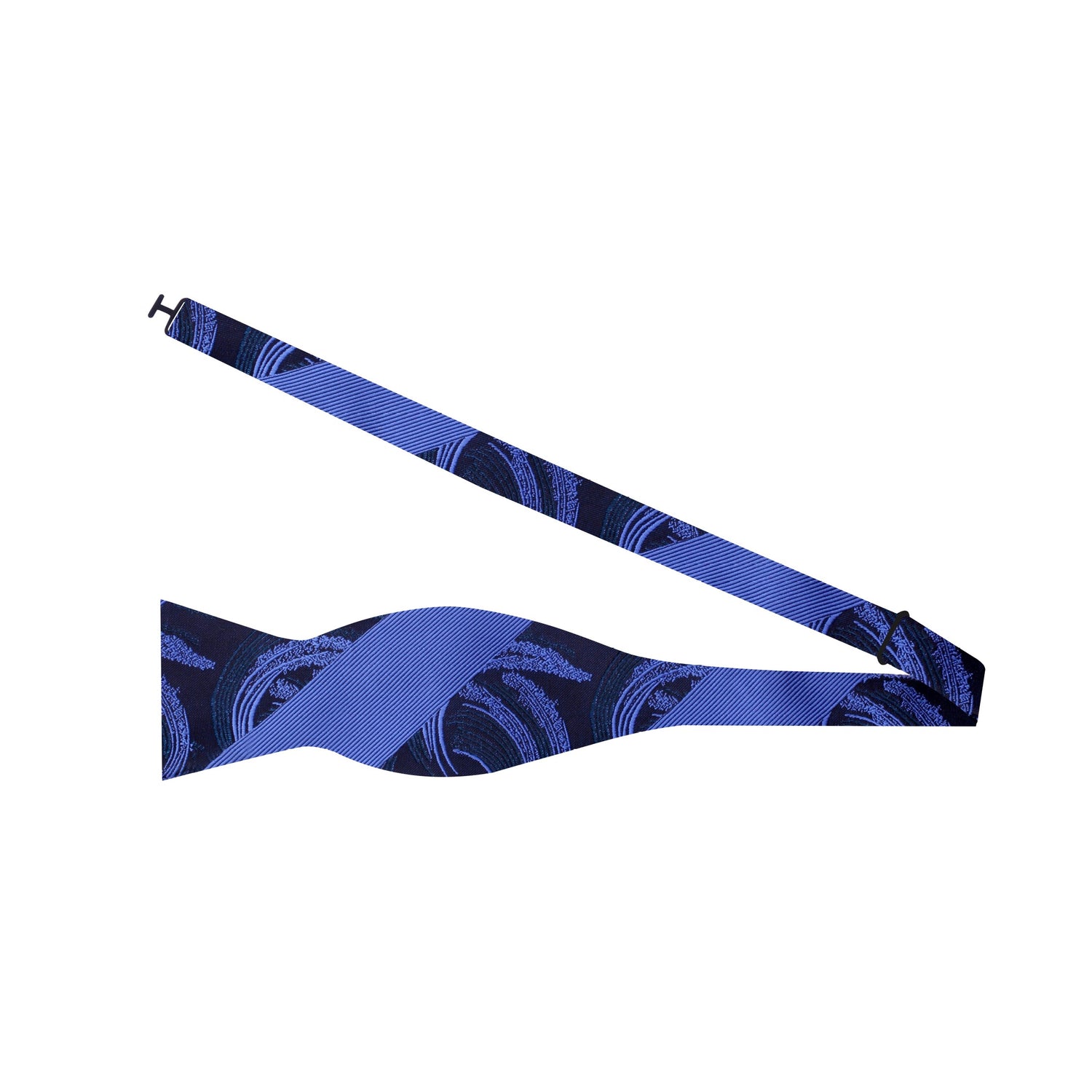 A Blue Abstract Swirl with Thick Stripe Pattern Silk Self Tie Bow Tie Untied