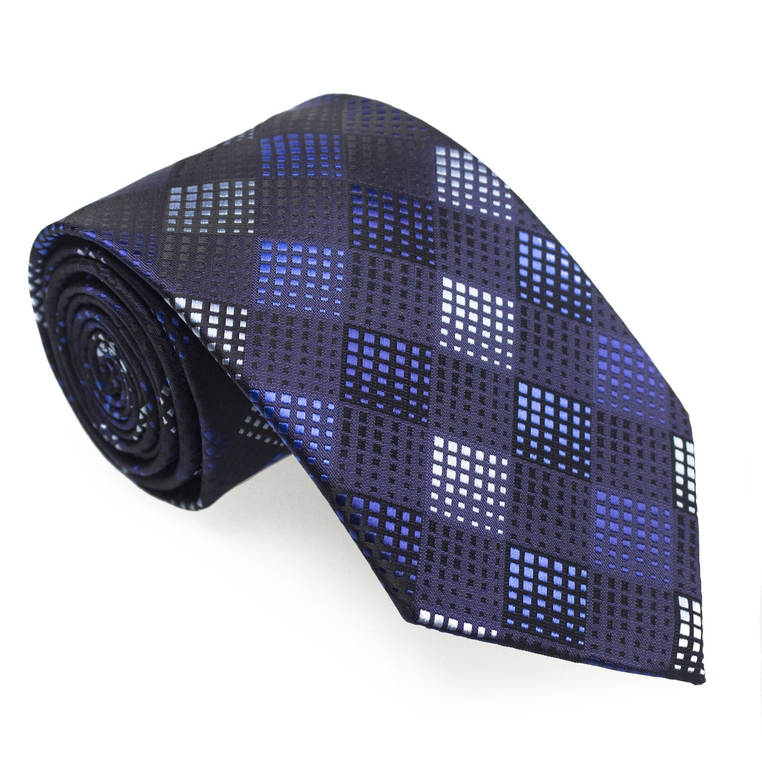 A Dark Blue, Blue, Grey Geometric Diamond Pattern Silk Necktie 