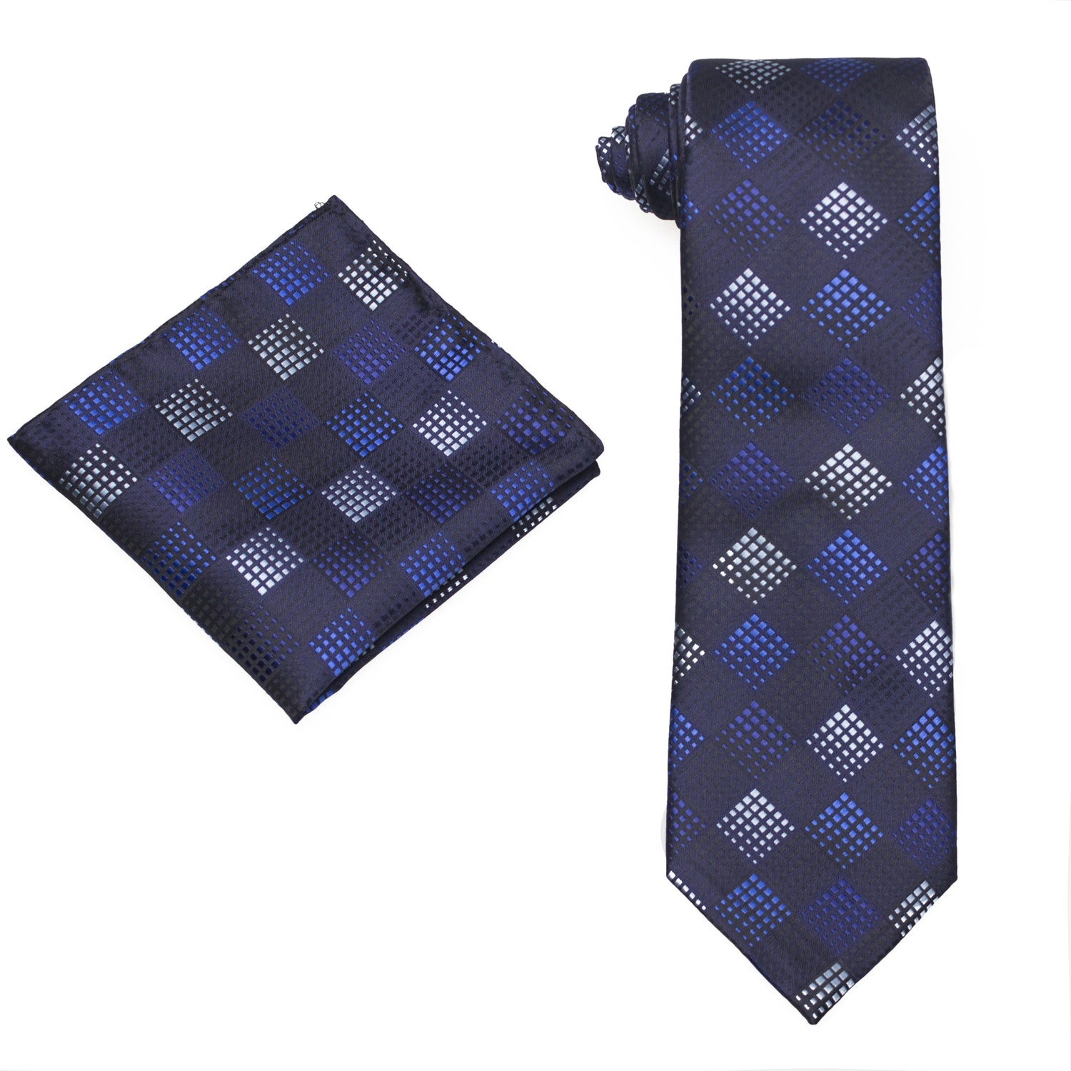 Alt View: A Dark Blue, Blue, Grey Geometric Diamond Pattern Silk Necktie, Matching Pocket Square