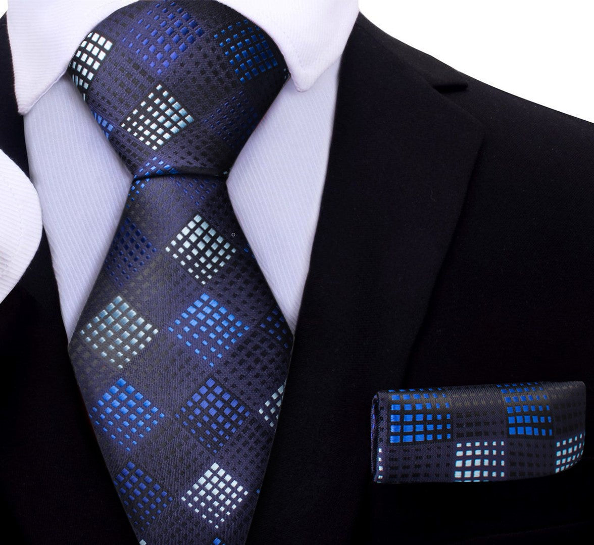 A Dark Blue, Blue, Grey Geometric Diamond Pattern Silk Necktie, Matching Pocket Square