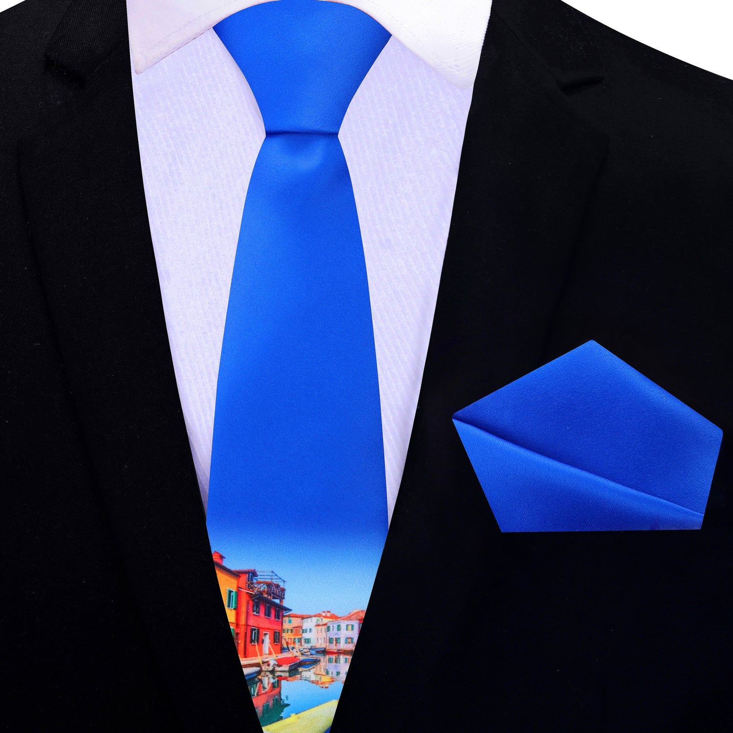 Thin Tie: Blue with Multiple Colors Venice Gondolas Tie and Pocket Square