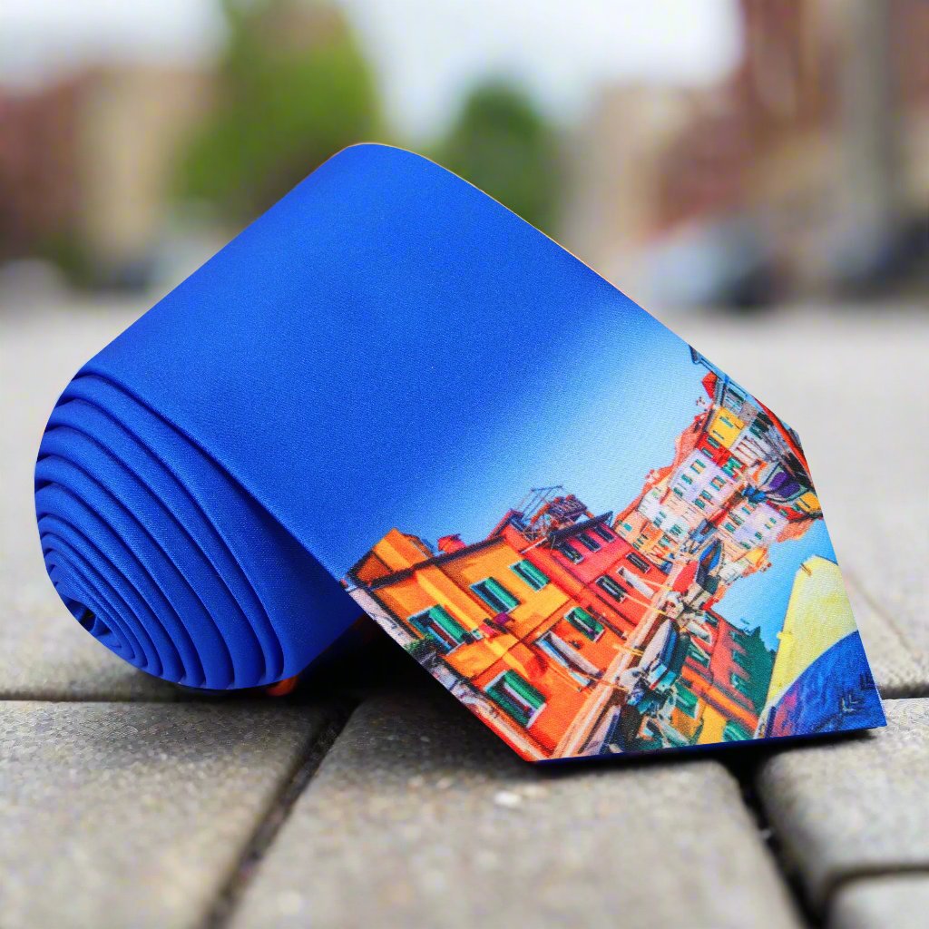 Single Tie: Blue with Multiple Colors Venice Gondolas Tie 