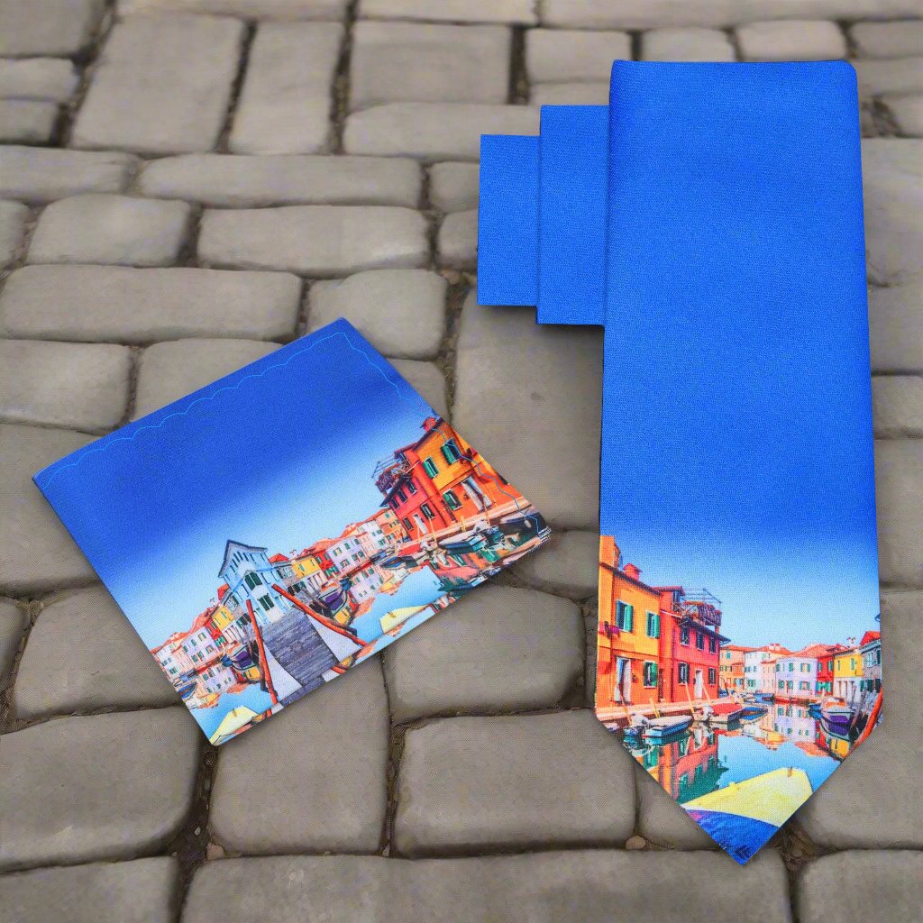 Alt View: Blue with Multiple Colors Venice Gondolas Tie and Pocket Square