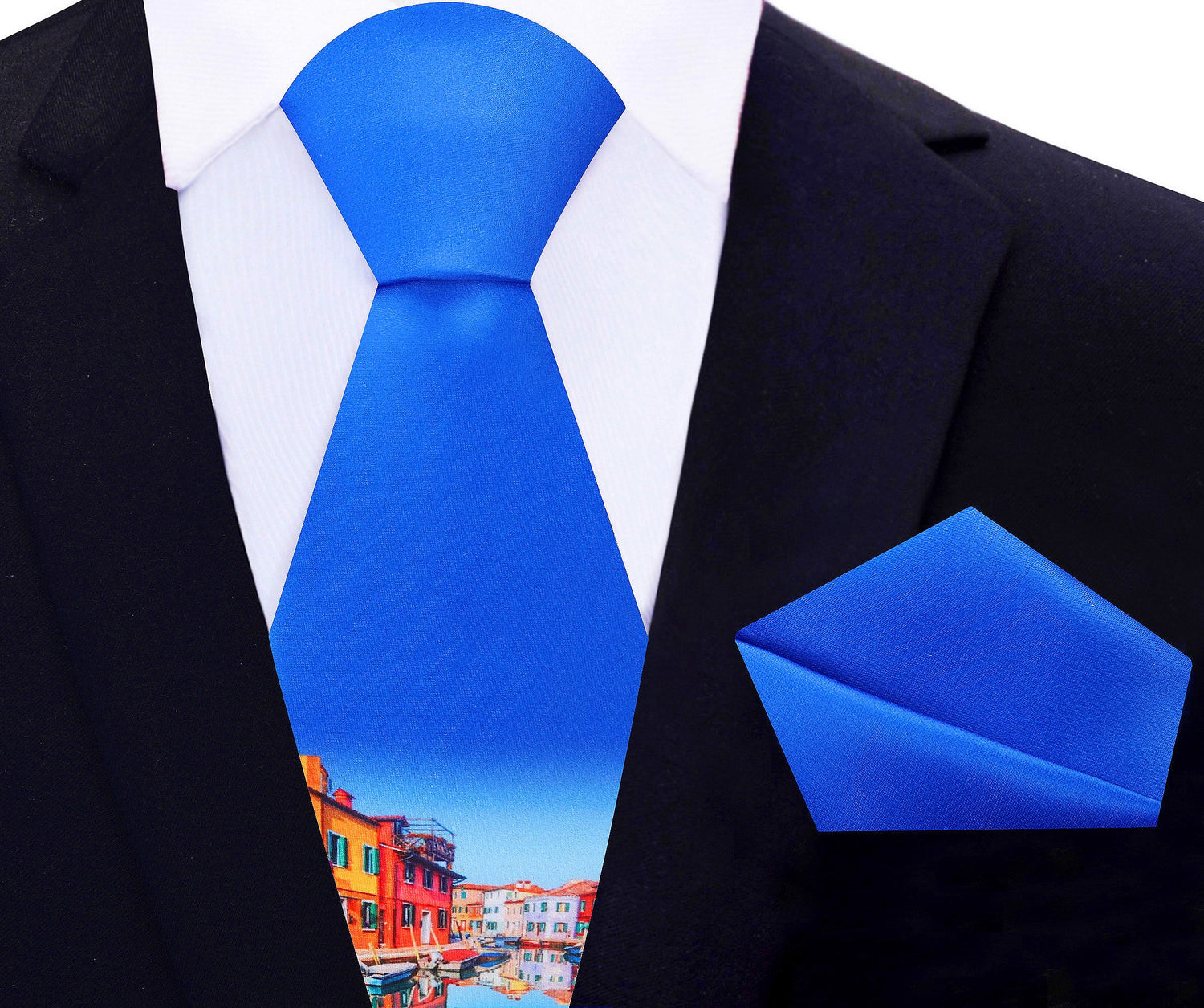 Main View: Blue with Multiple Colors Venice Gondolas Tie and Pocket Square