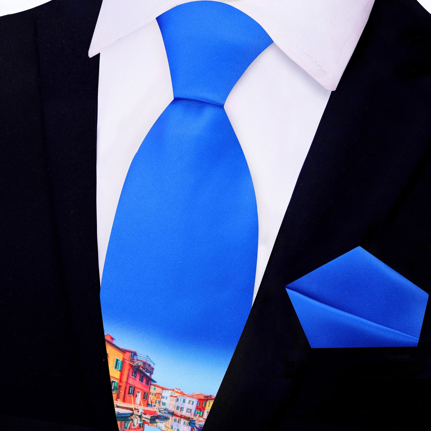 View 2: Blue with Multiple Colors Venice Gondolas Tie and Pocket Square