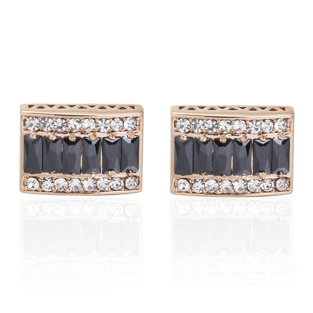 Main View: A Gold, Black, Clear Gemstones Rectangle Shaped Cuff-links