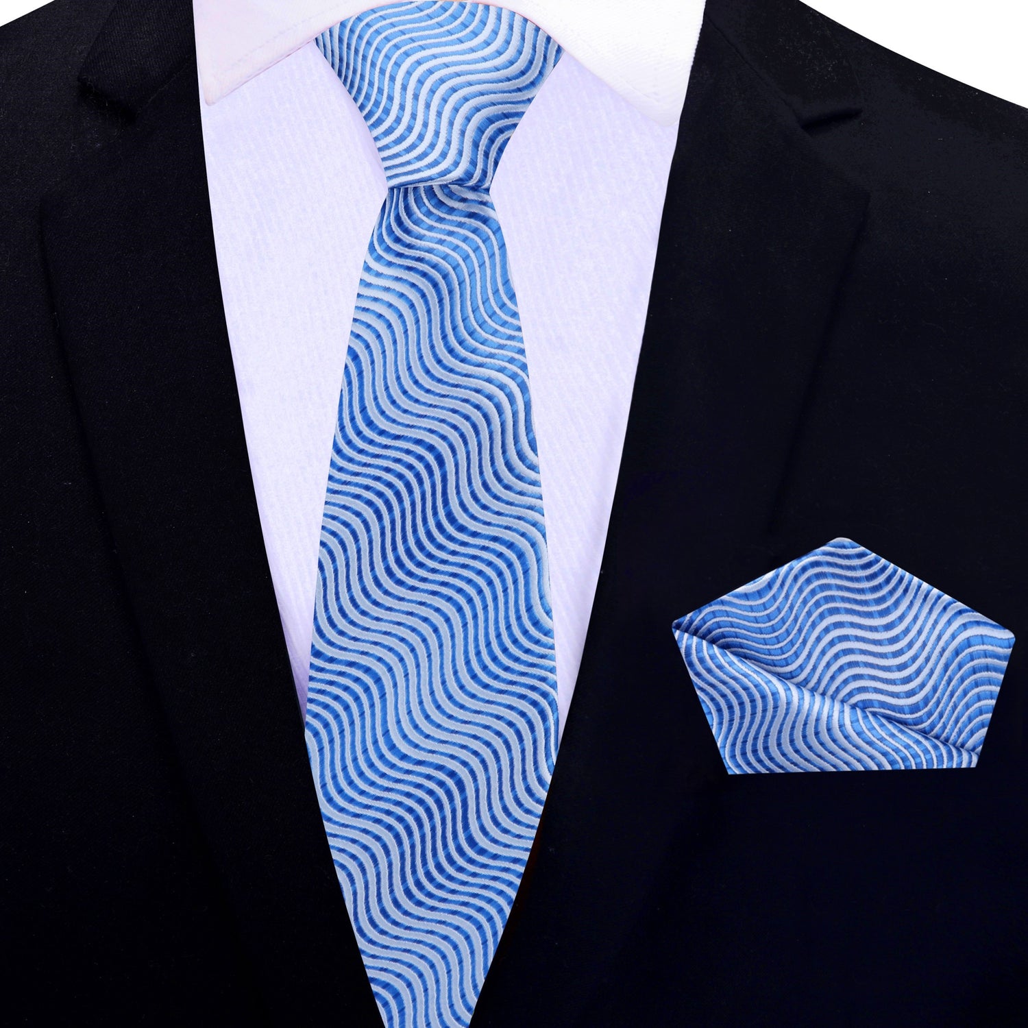 Thin View: Shades of Blue Wavy Lines Necktie with Matching Pocket Square