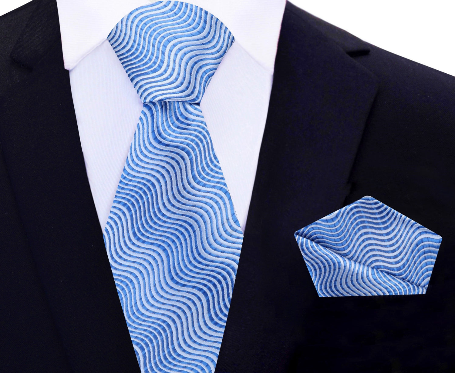Shades of Blue Wavy Lines Necktie with Matching Pocket Square