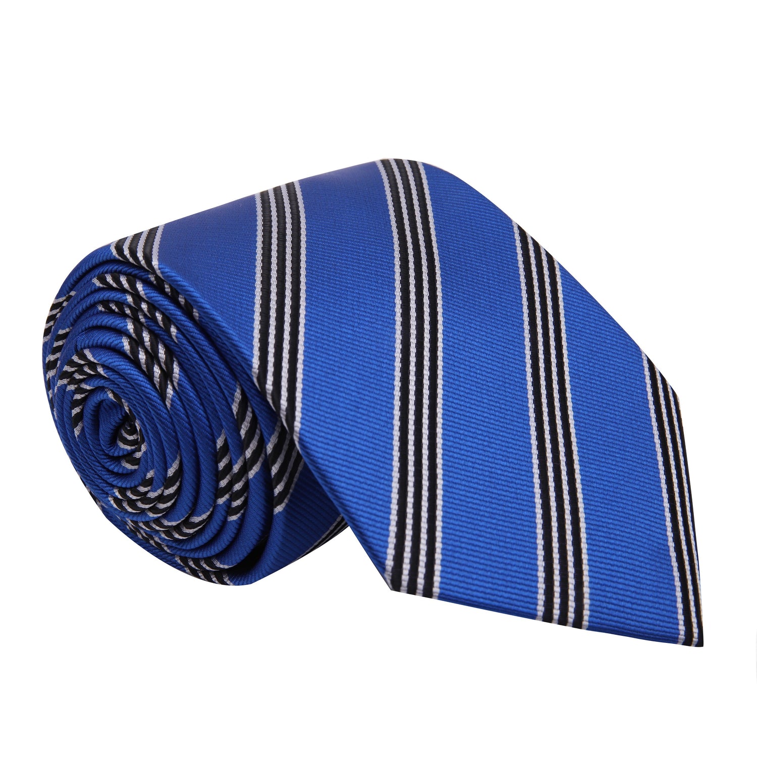 A Blue, White, Black Stripe Pattern Silk Necktie 