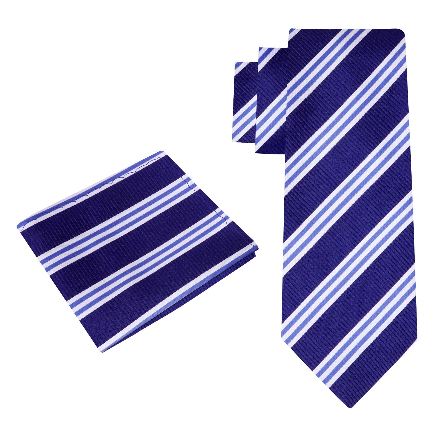 View 2: A Blue, Light Blue, White Stripe Pattern Silk Necktie, Matching Pocket Square||Blue with Light Blue, White