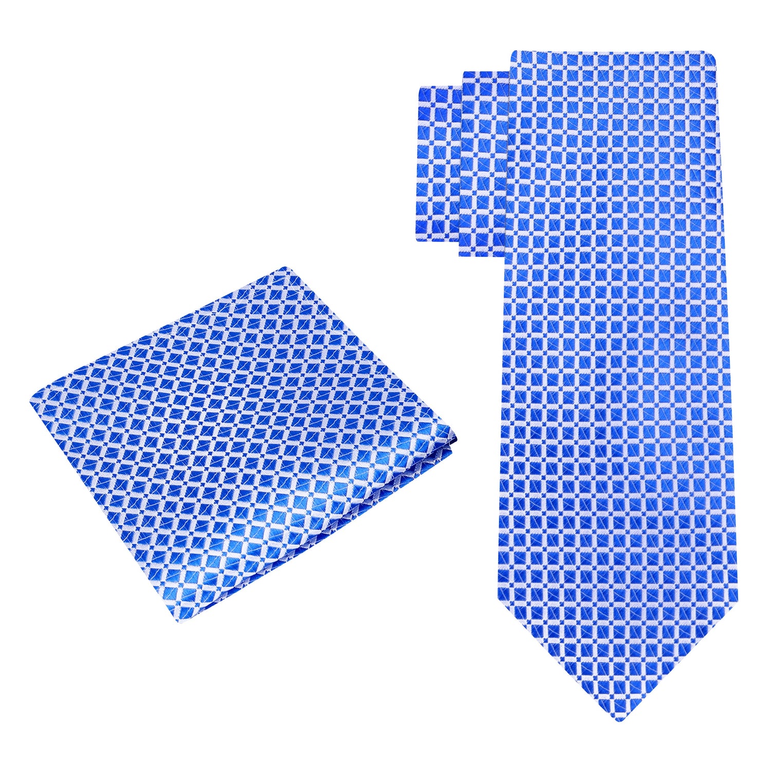 Alt View: A Blue, White Small Geometric Check Pattern Silk Necktie, Matching Pocket Square