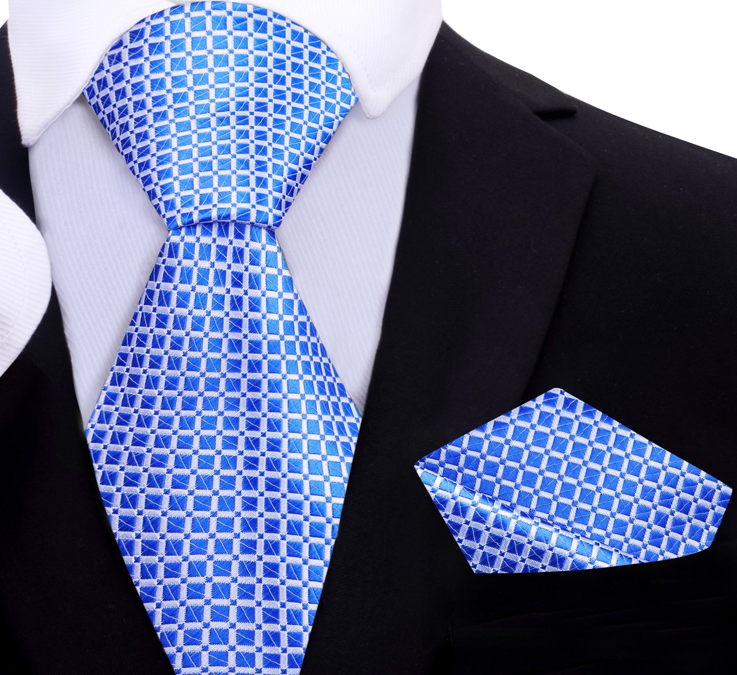 A Blue, White Small Geometric Check Pattern Silk Necktie, Matching Pocket Square