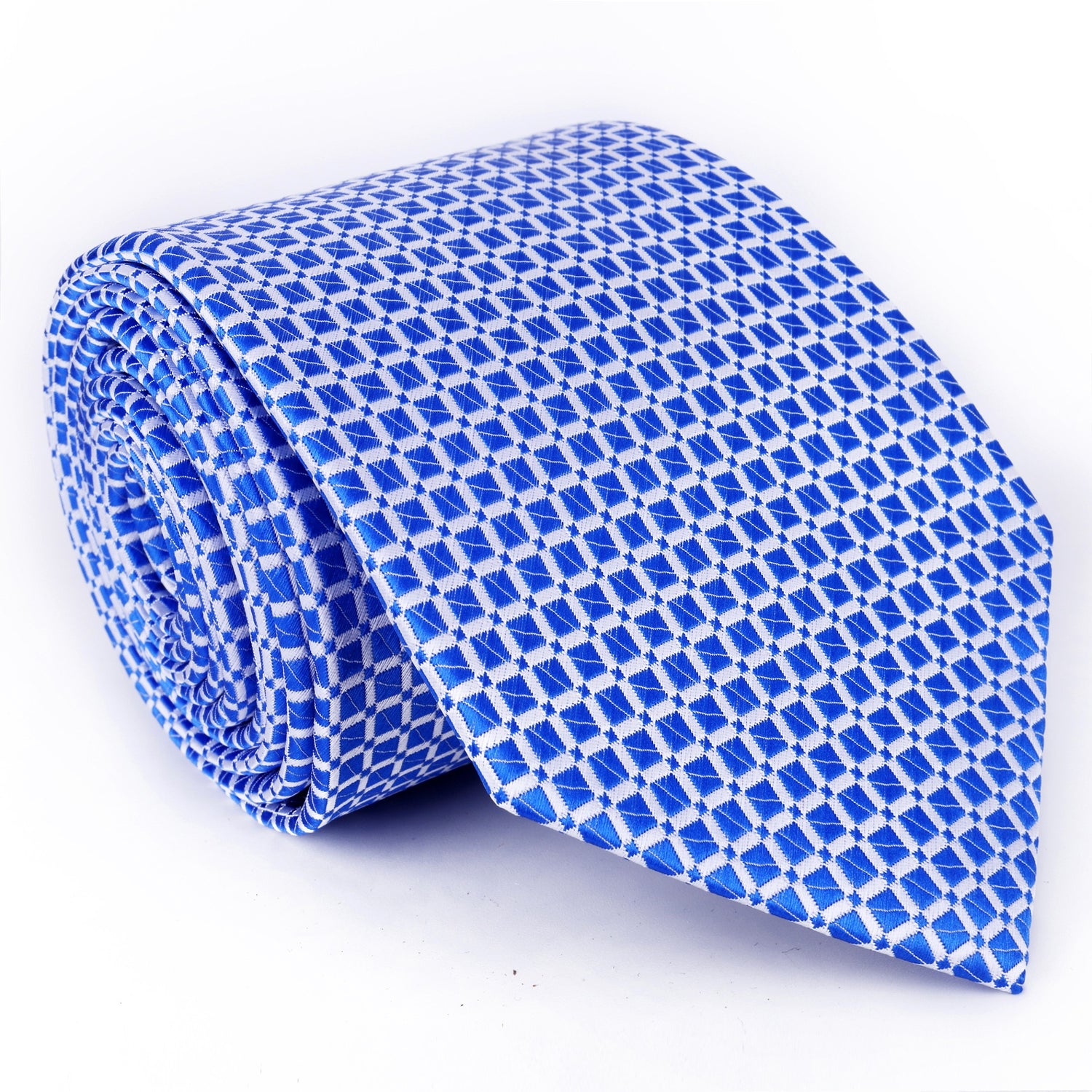 A Blue, White Small Geometric Check Pattern Silk Necktie