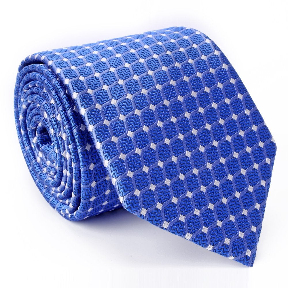 A Blue, White Geometric Pattern Pattern Silk Necktie