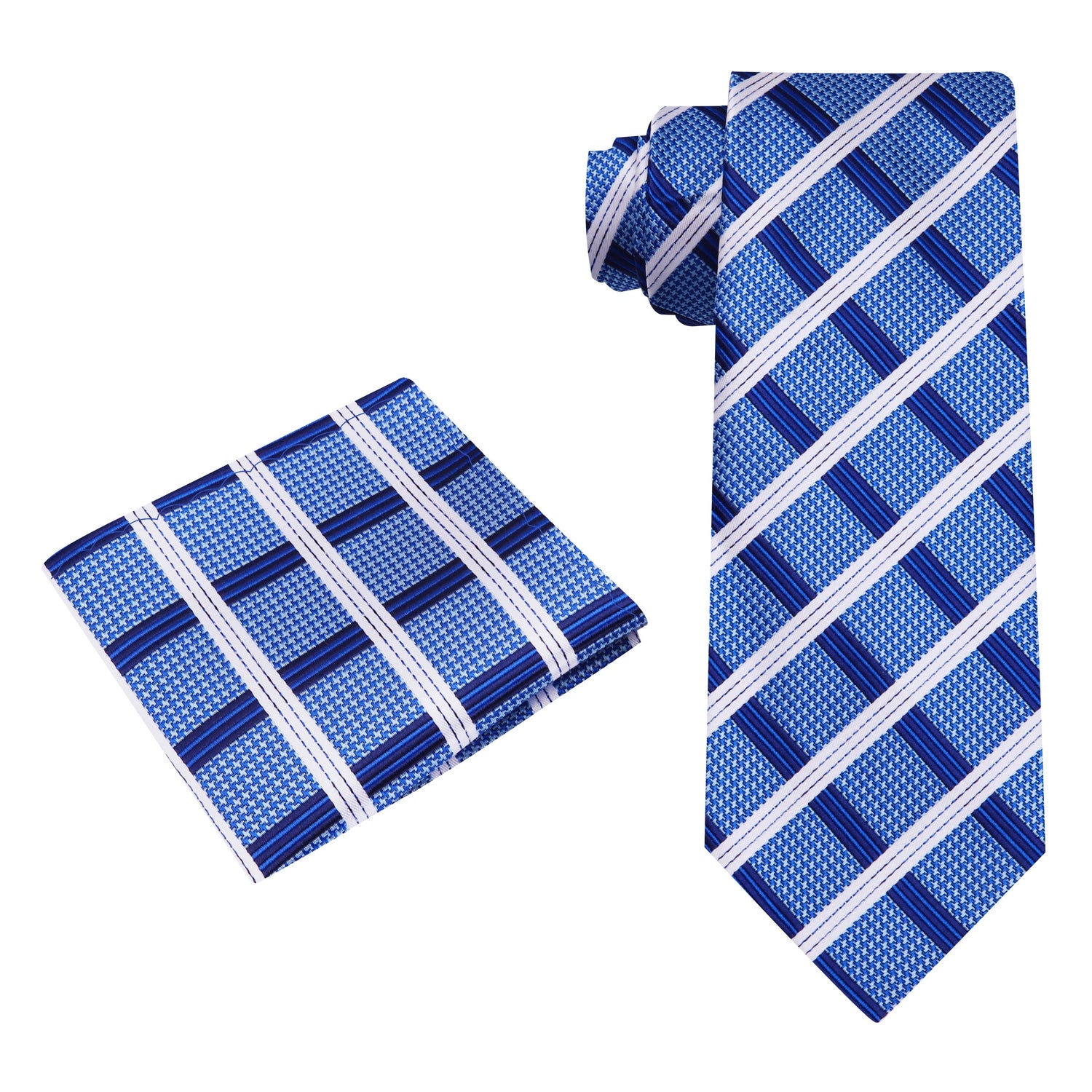 Alt View: Blue and White Plaid Tie and Pocket Square