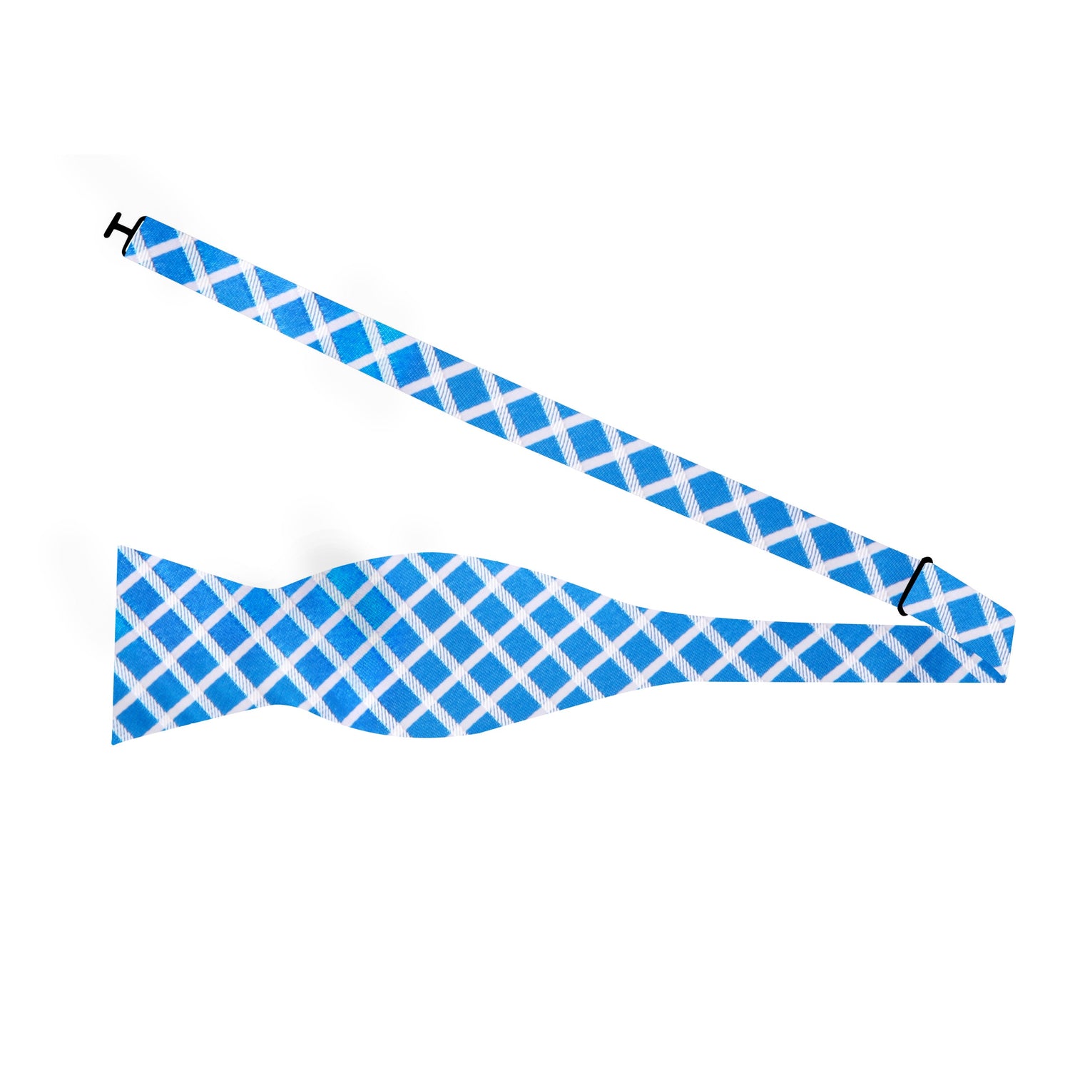 A Light Blue, White Geometric Diamonds Pattern Silk Self Tie Bow Tie Untied View