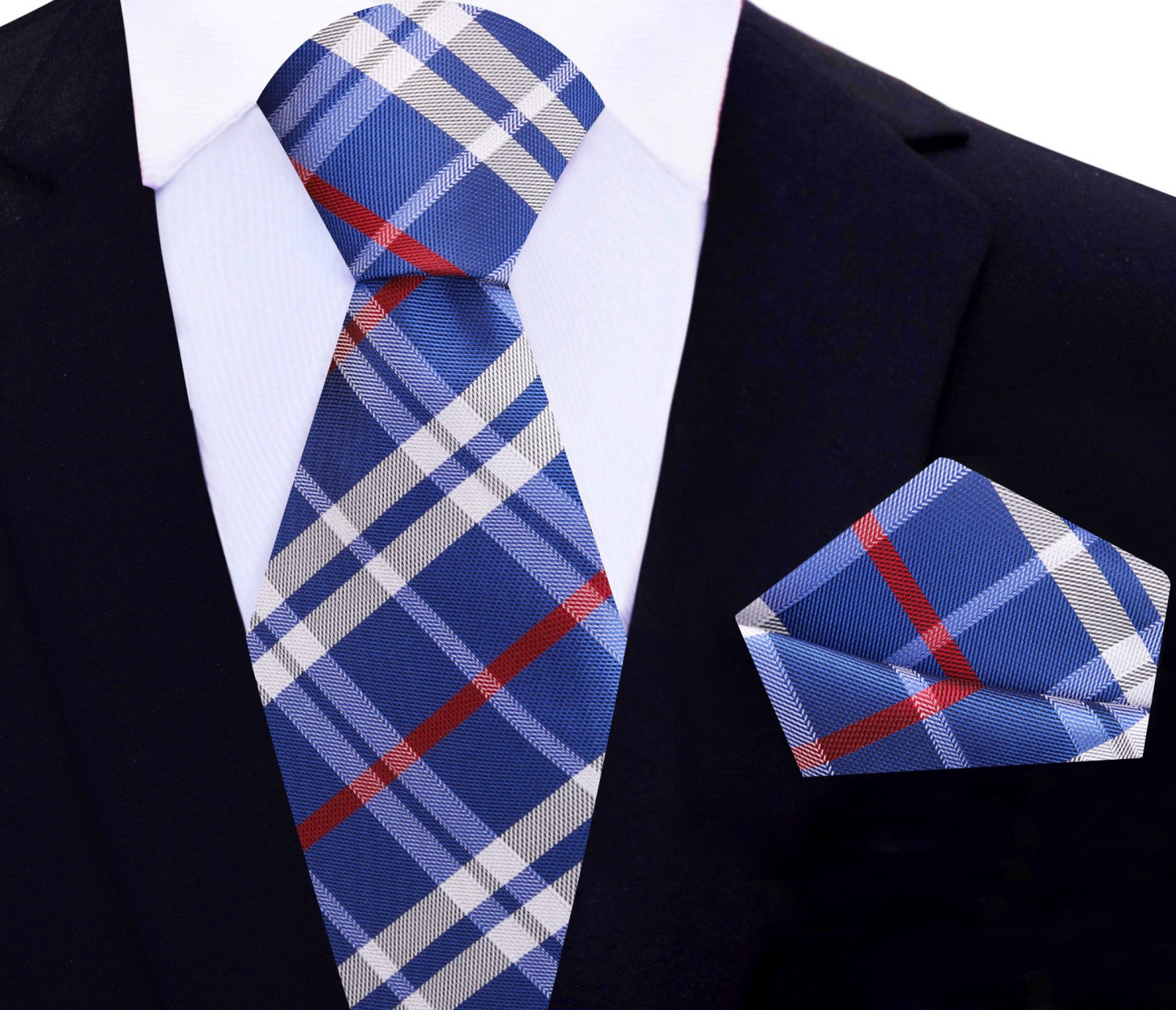 Main: Blue White Red Plaid Tie and Square