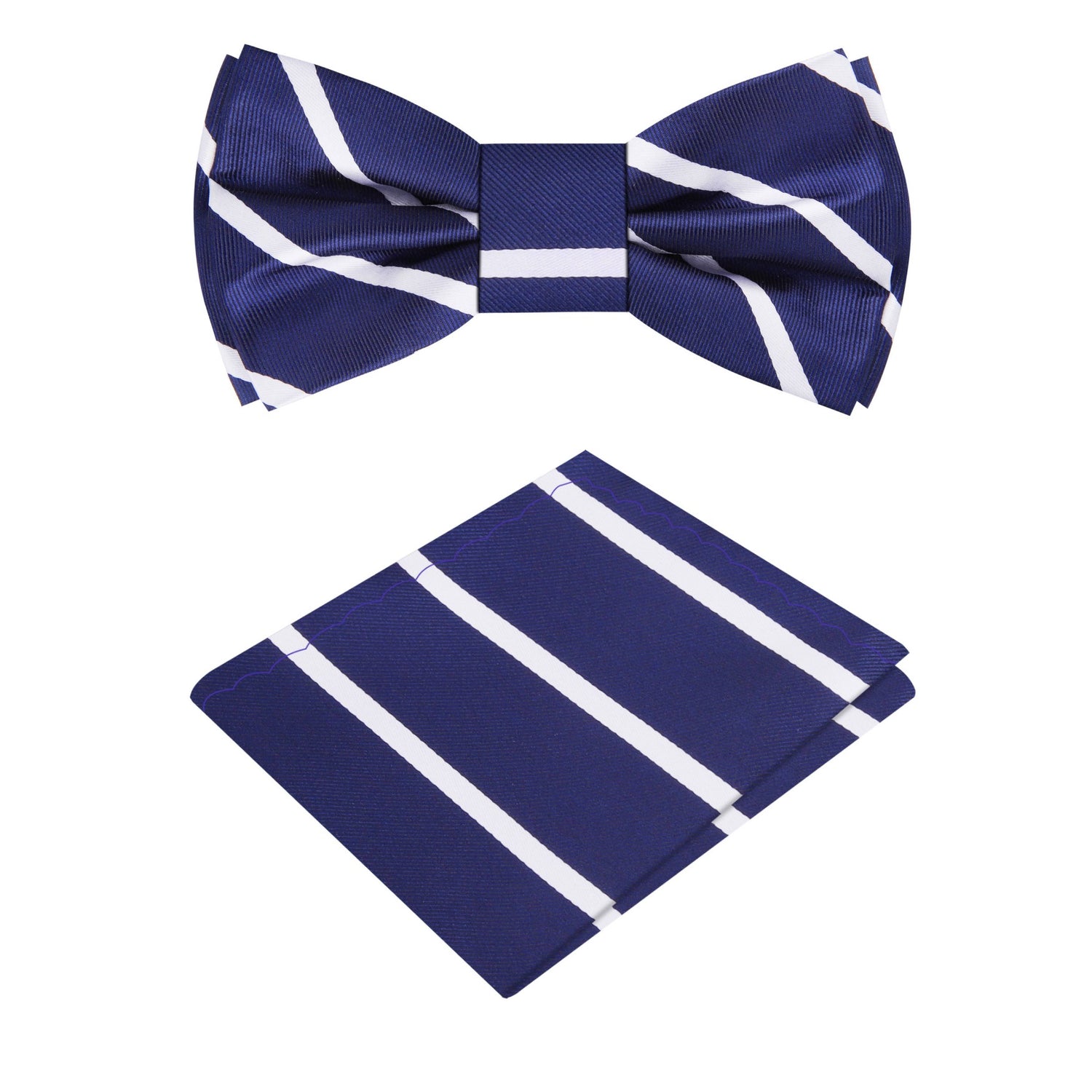 Blue, White Stripe Silk Bow Tie and Matching Square