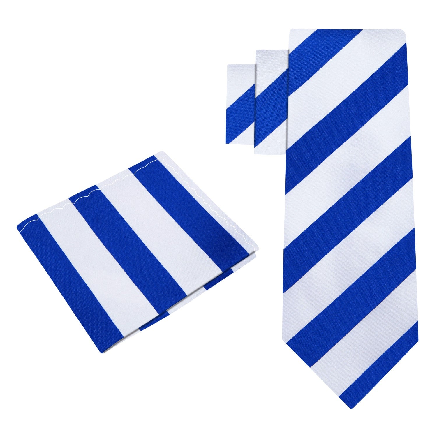 Alt View: A Dark Blue, White Stripe Pattern Silk Necktie, Pocket Square