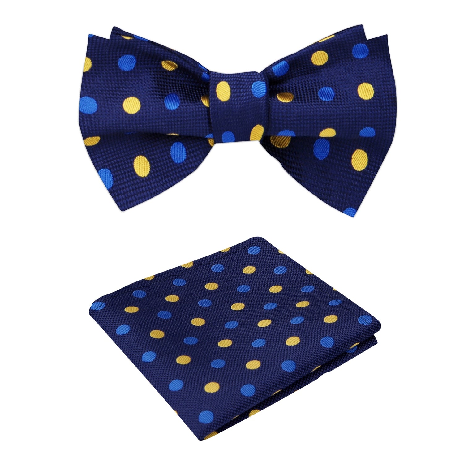 Blue and Yellow Polka Bow Tie and Pocket Square