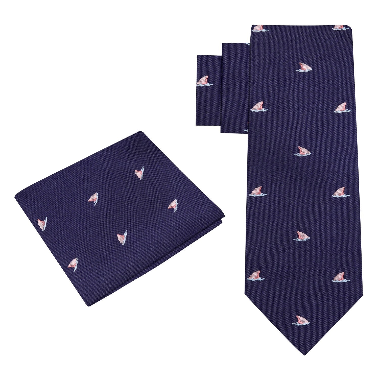 Alt View: Blue, Light Pink Shark Fins Tie and Pocket Square