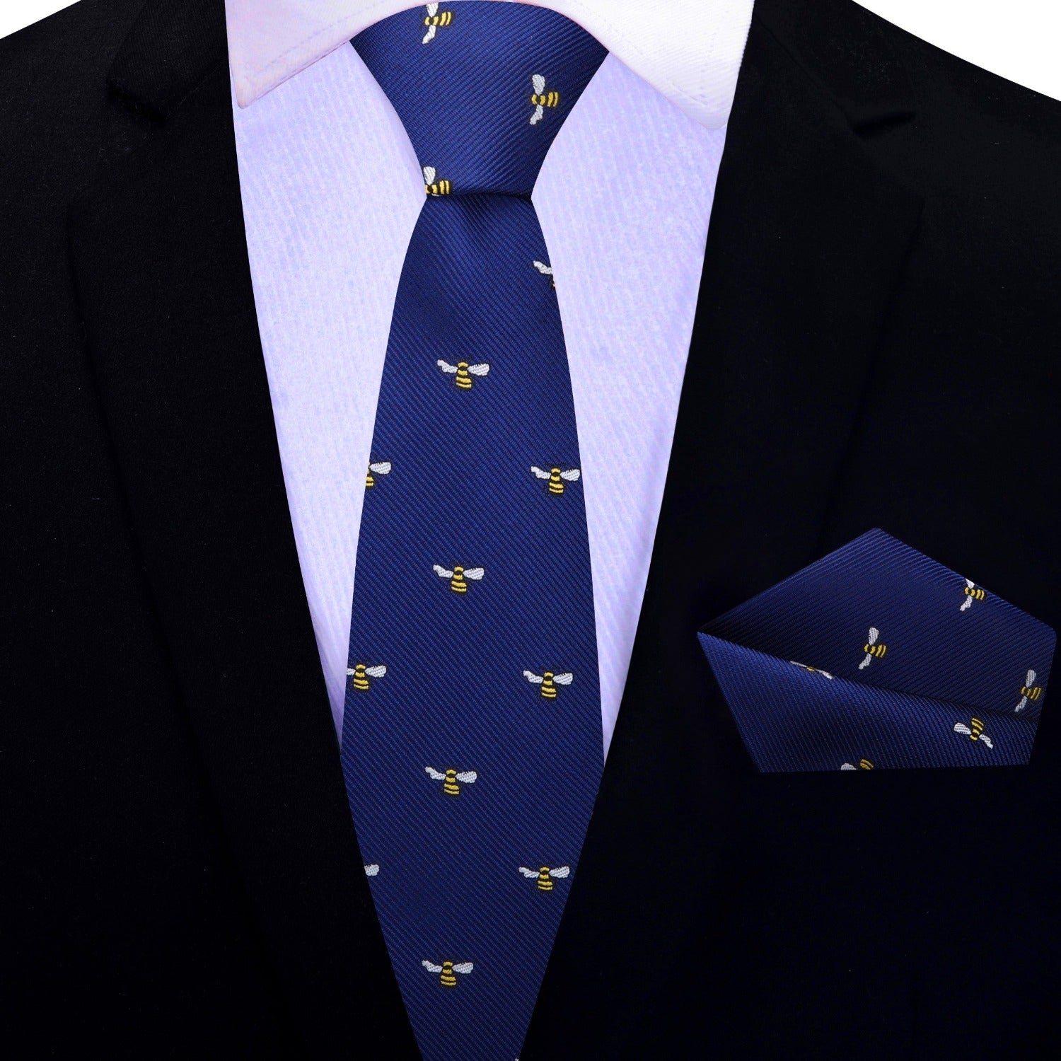 Blue, Yellow, Black Honey Bee Thin Tie and Pocket Square