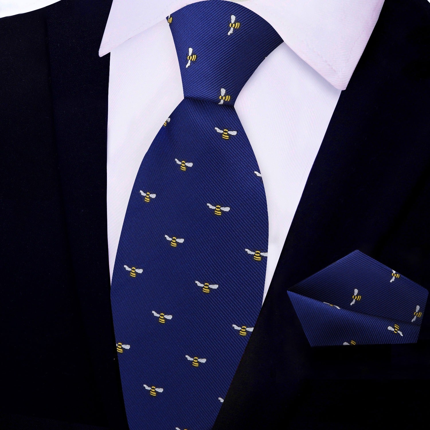 Main View: Blue, Yellow, Black Honey Bee Tie and Pocket Square