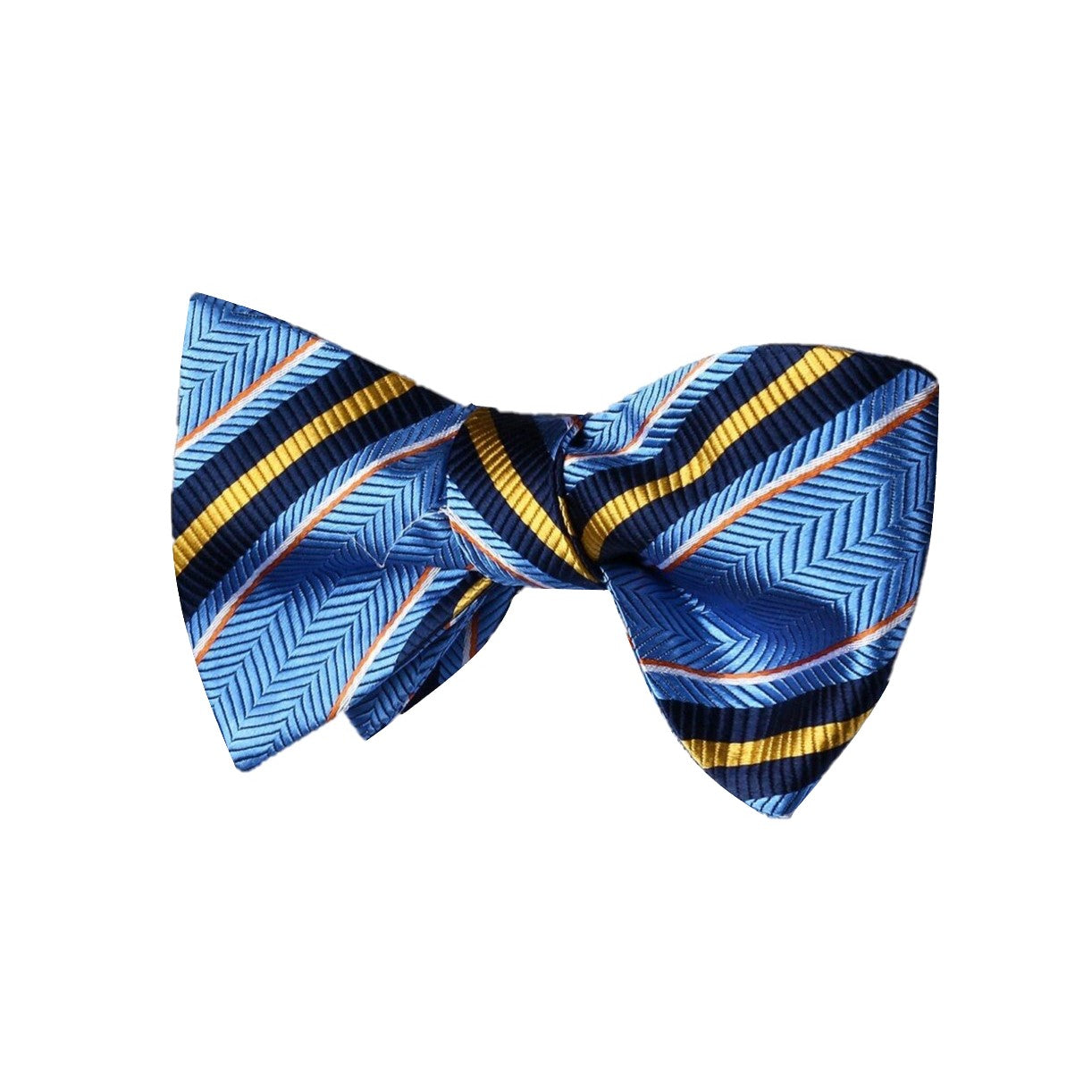 A Light Blue, Yellow Stripe Pattern Silk Self Tie Bow Tie