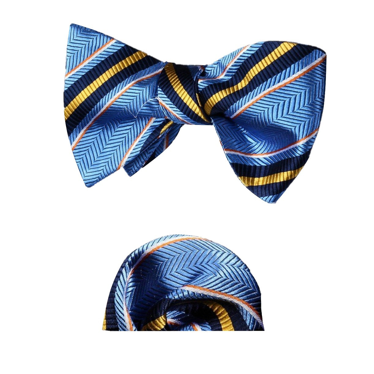 A Light Blue, Yellow Stripe Pattern Silk Self Tie Bow Tie, Matching Pocket Square