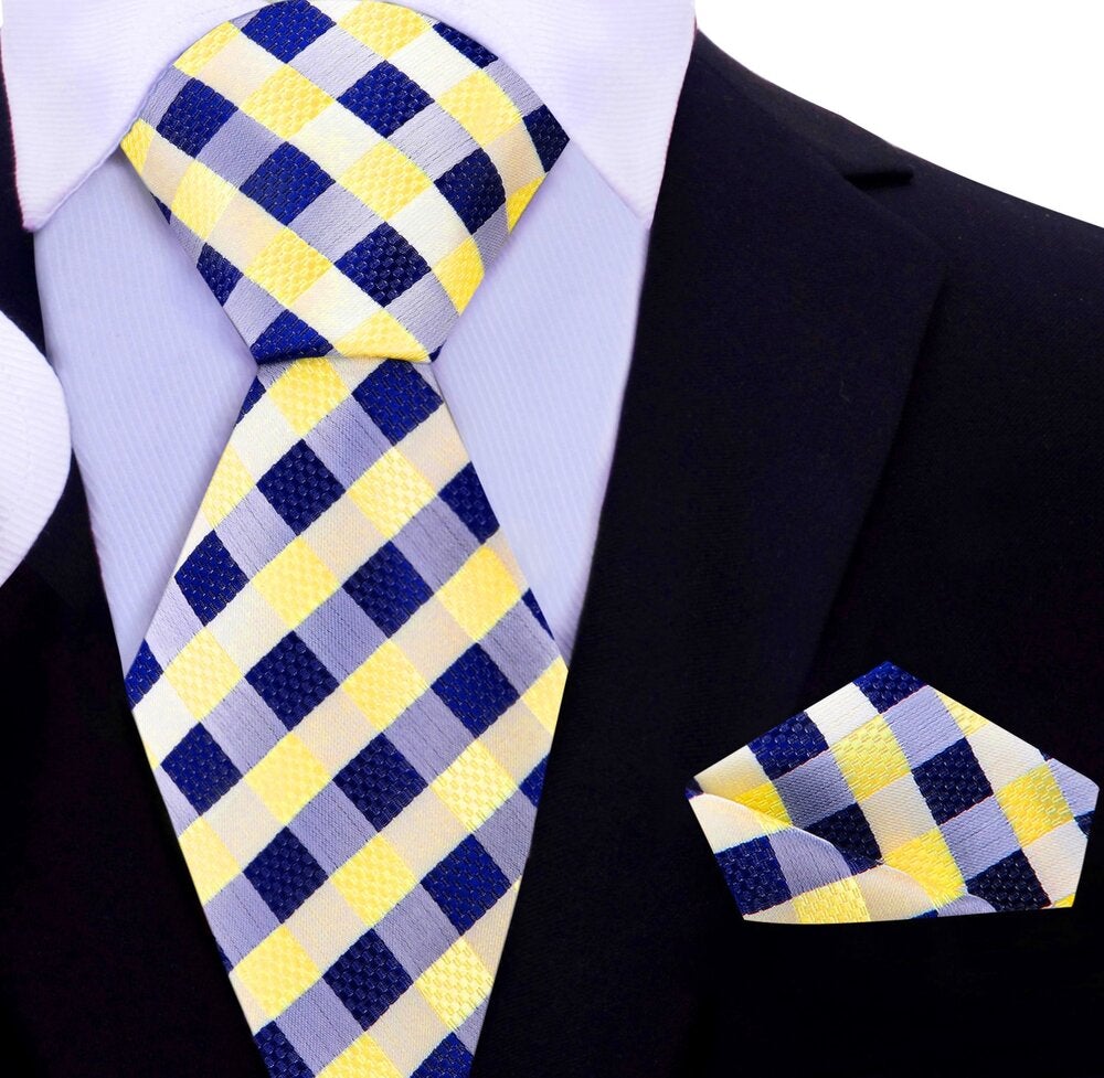 A Yellow, Blue Check Pattern Silk Necktie, Matching Pocket Square