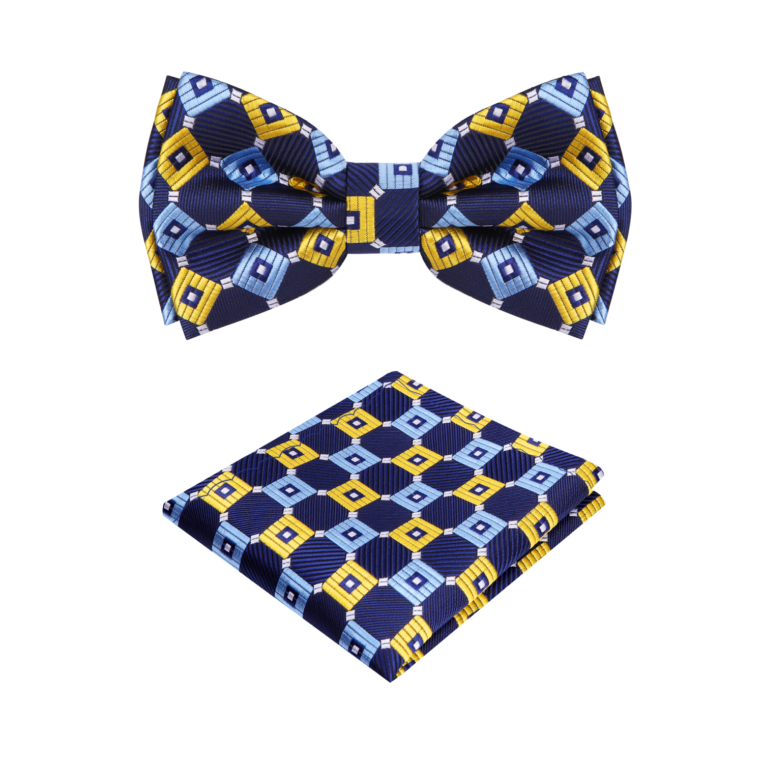Blue Yellow Geometric Bow Tie and Pocket Square