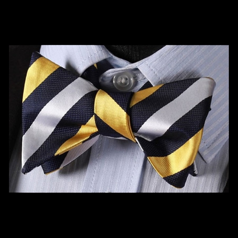 A Yellow, Blue, White Stripe Pattern Silk Self Tie Bow Tie