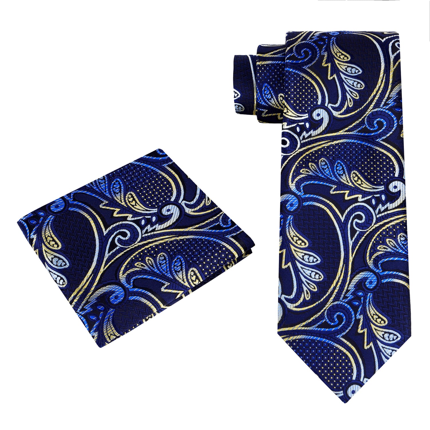 View 2: Blue, Yellow Gold Paisley Tie and Pocket Square