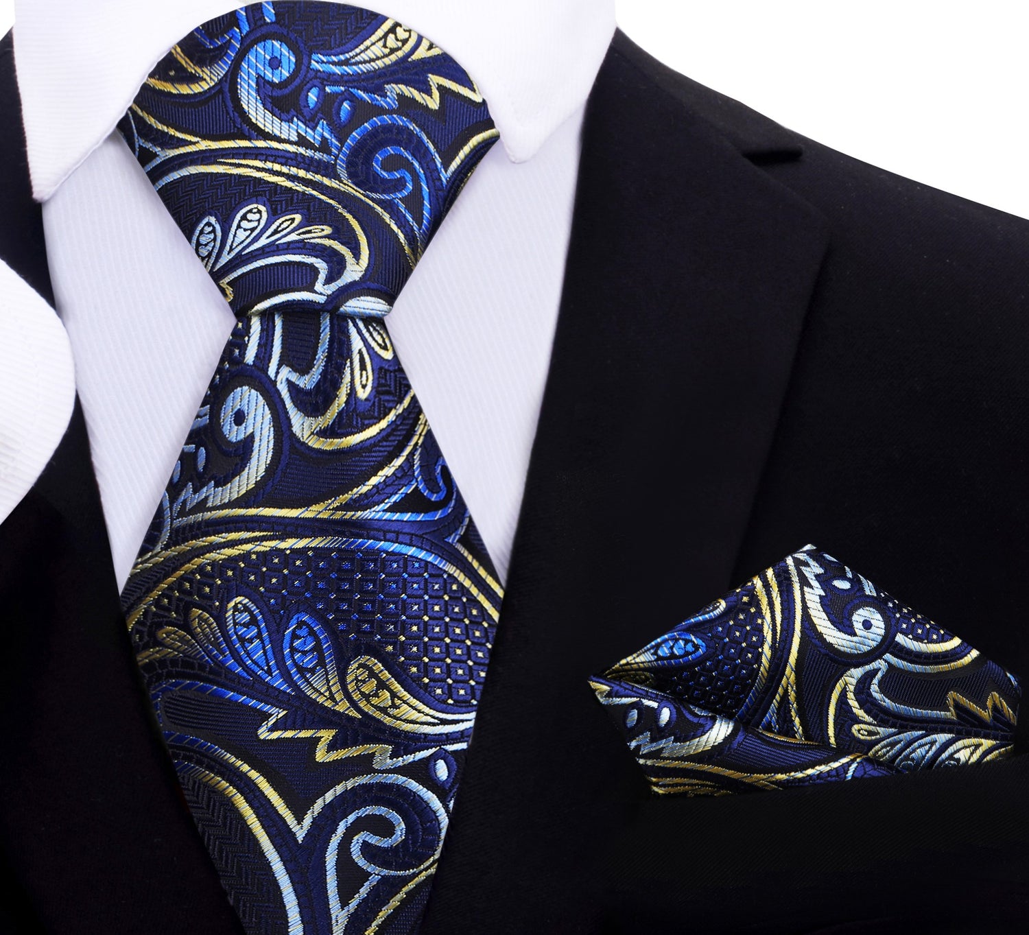Blue, Yellow Gold Paisley Tie and Pocket Square