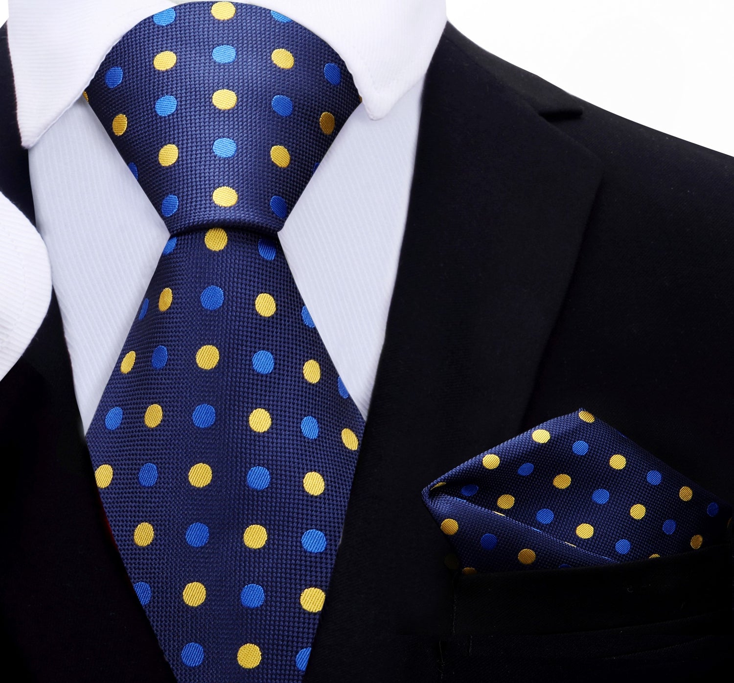 A Dark Blue, Light Blue, Yellow Polka Dot Pattern Silk Necktie, Pocket Square