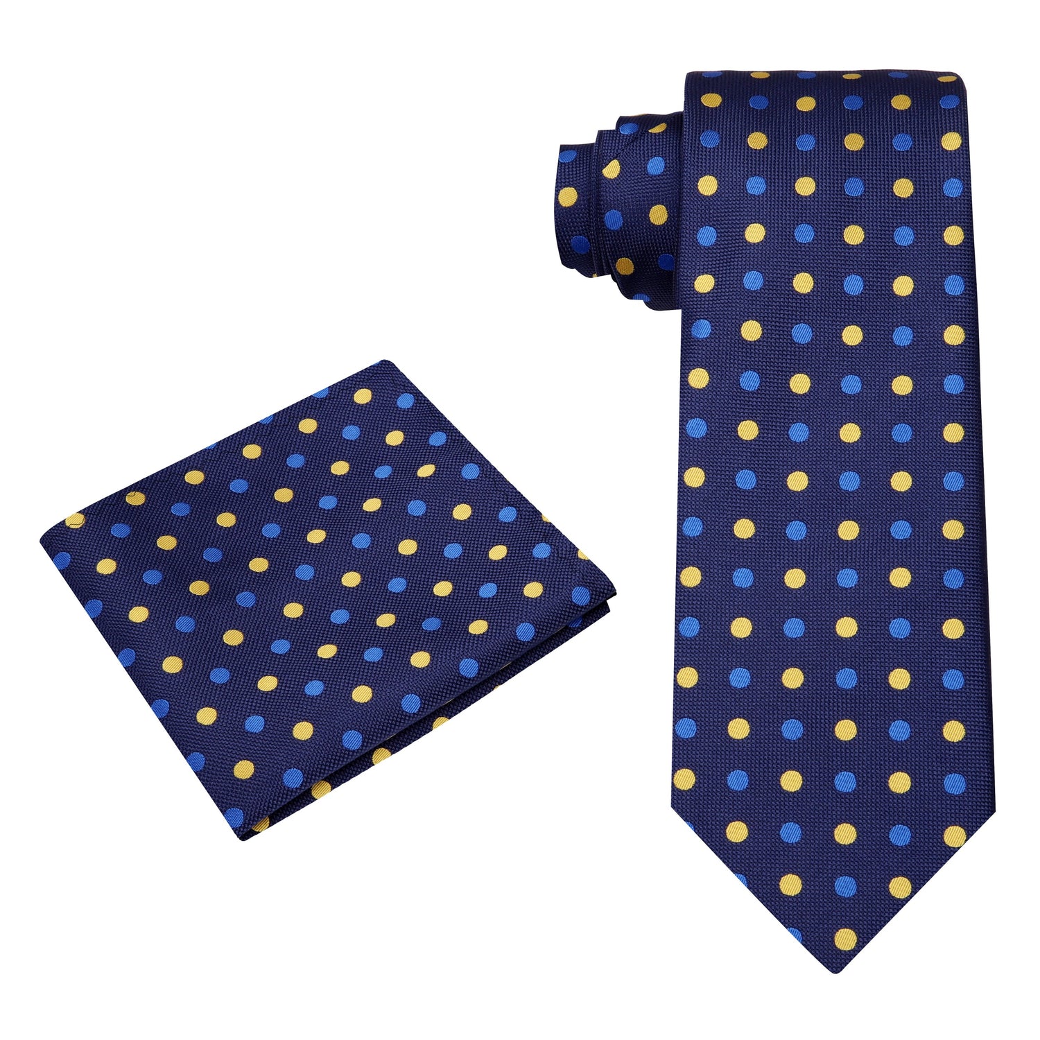 Alt View: A Dark Blue, Light Blue, Yellow Polka Dot Pattern Silk Necktie, Pocket Square