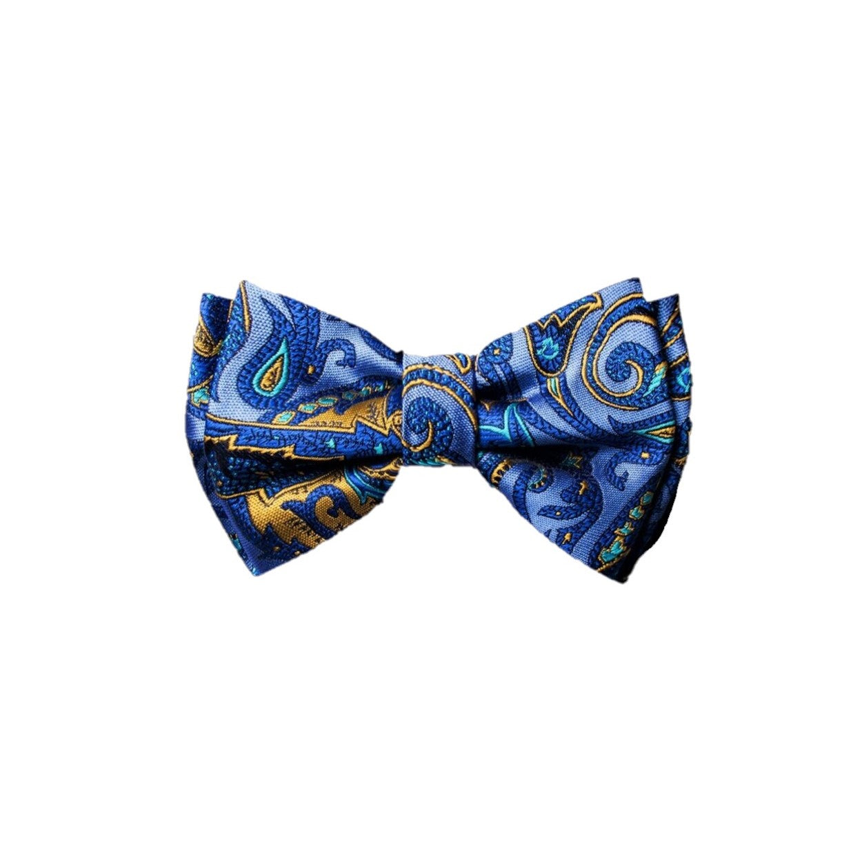 A Blue, Yellow Detailed Paisley Pattern Silk Self Tie Bow Tie 