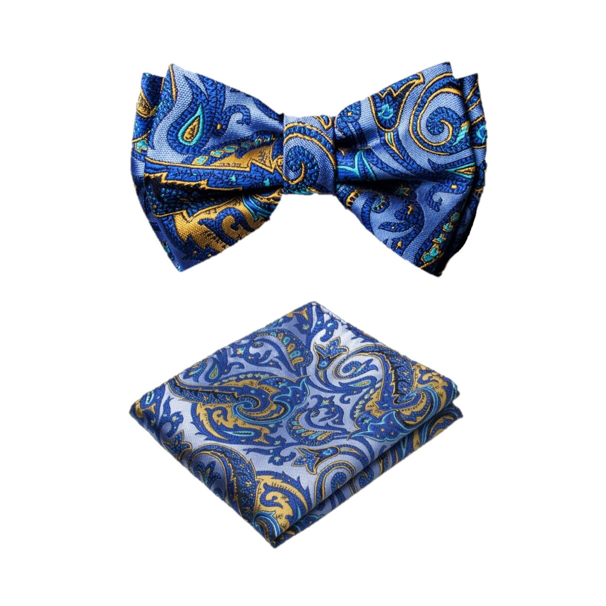 Main View: A Blue, Yellow Color Paisley Pattern Silk Kids Pre-Tied Bow Tie, Matching Pocket Square