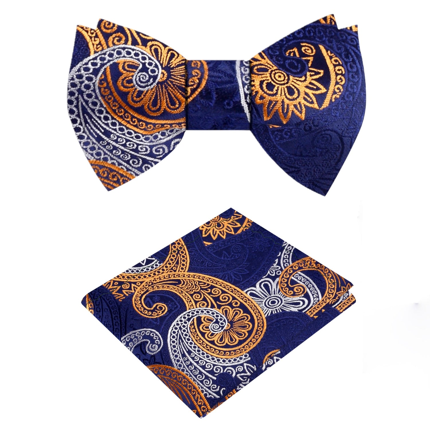 Blue, Yellow, White Paisley Bow Tie and Pocket Square